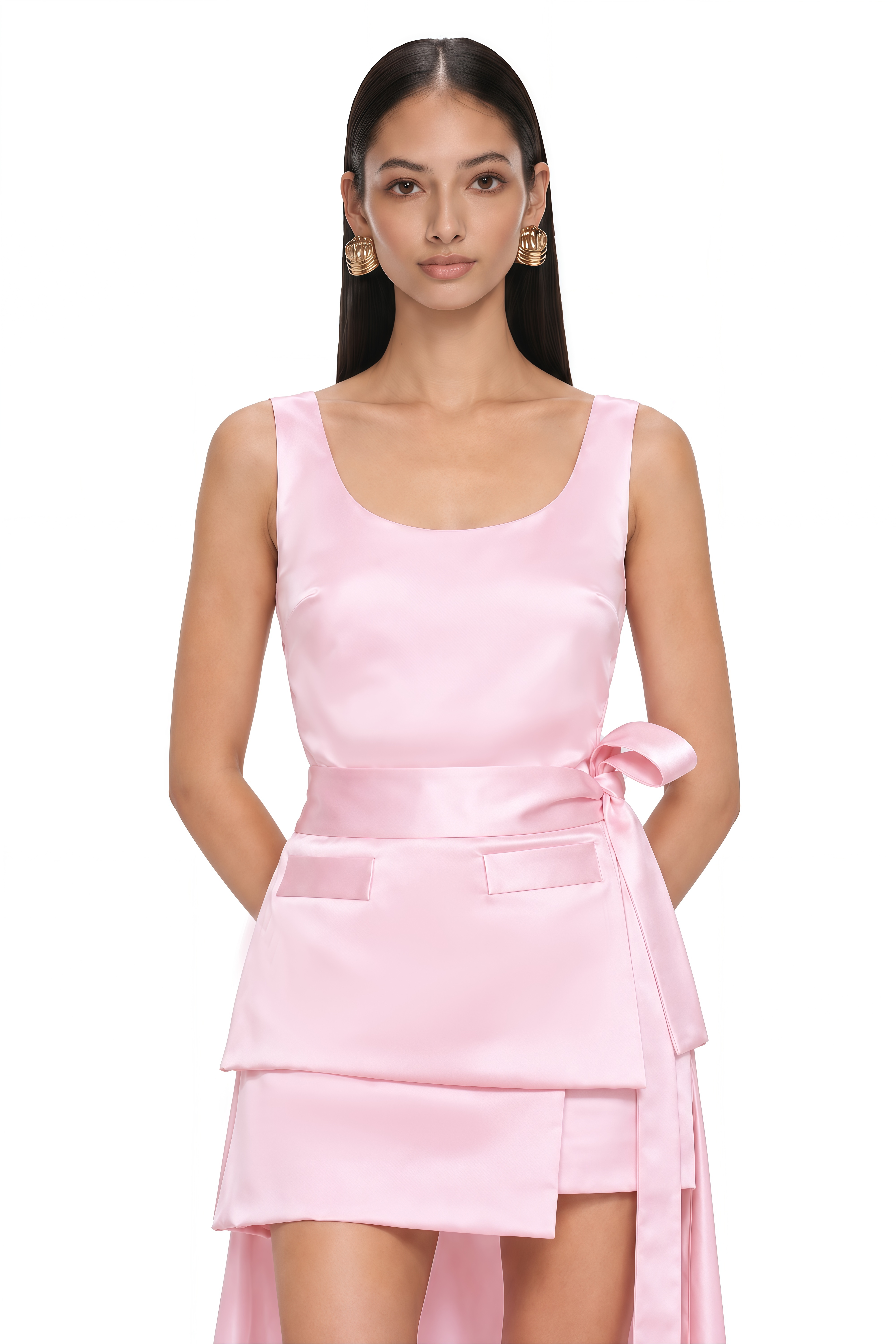 Maristela Pink Satin Scoop Neck Top & High-Low Skirt Set