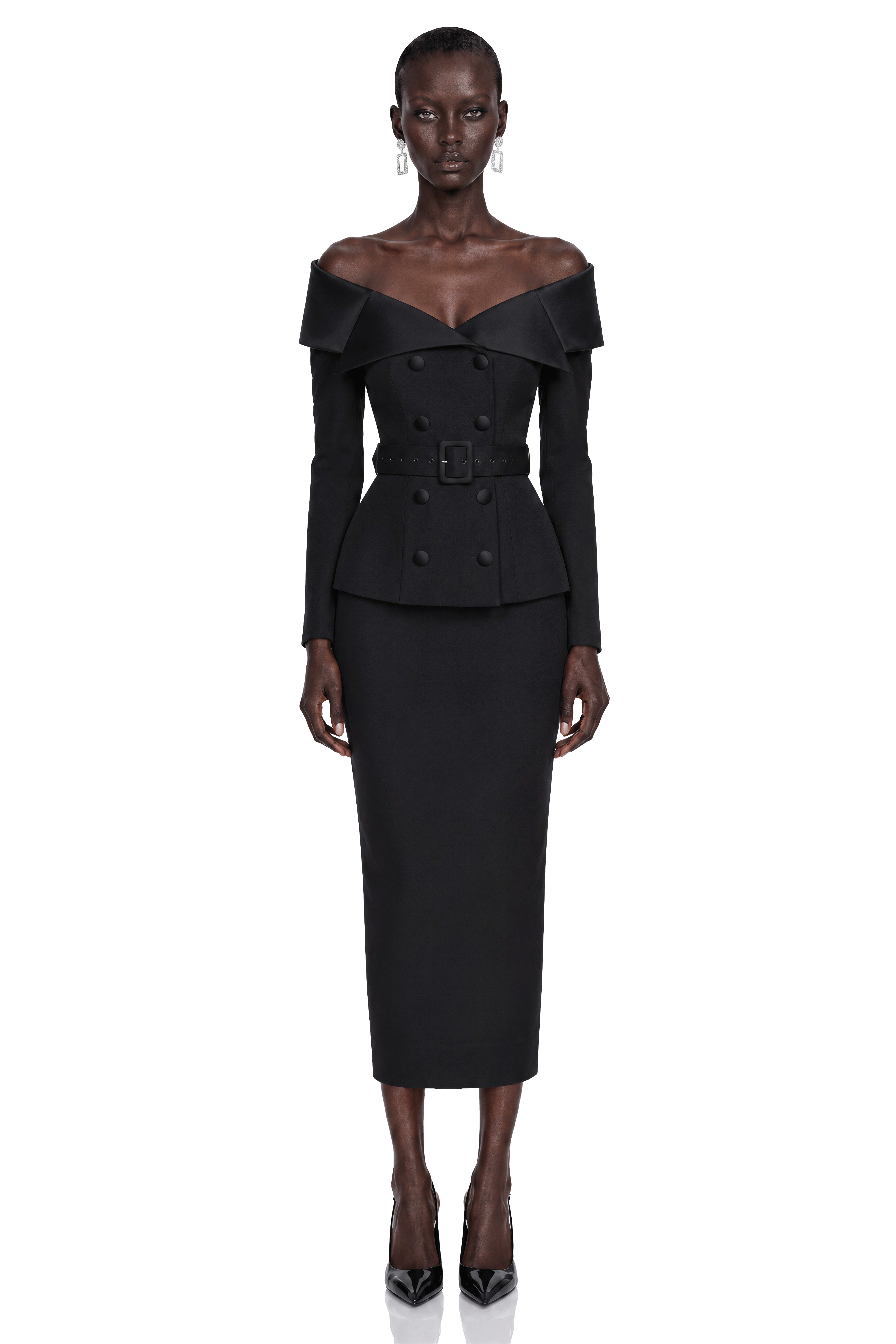 Maristella Black Off Shoulder Belted Blazer & Midi Skirt Set