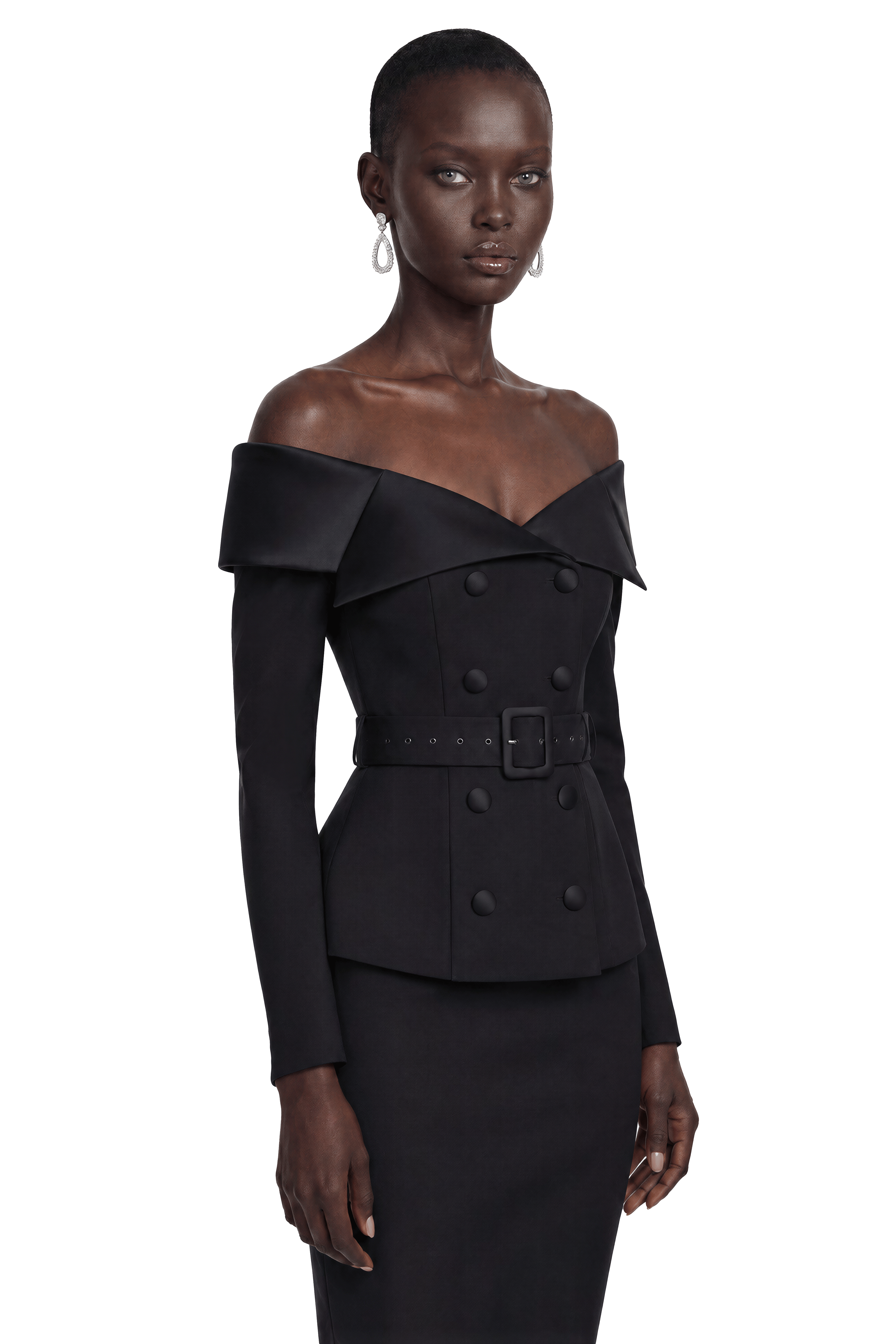 Maristella Black Off Shoulder Belted Blazer & Midi Skirt Set