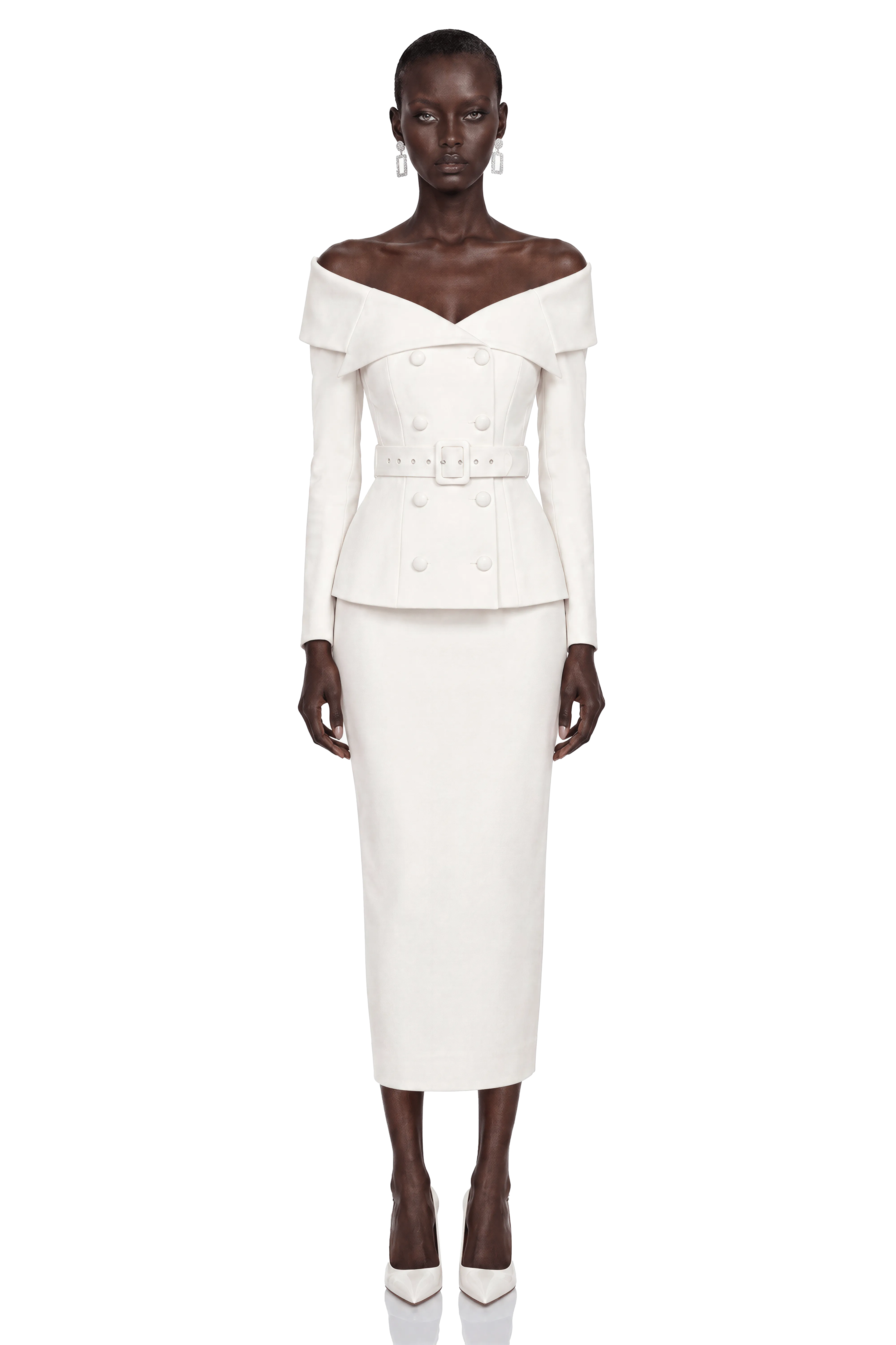 Maristella White Off Shoulder Belted Blazer & Midi Skirt Set
