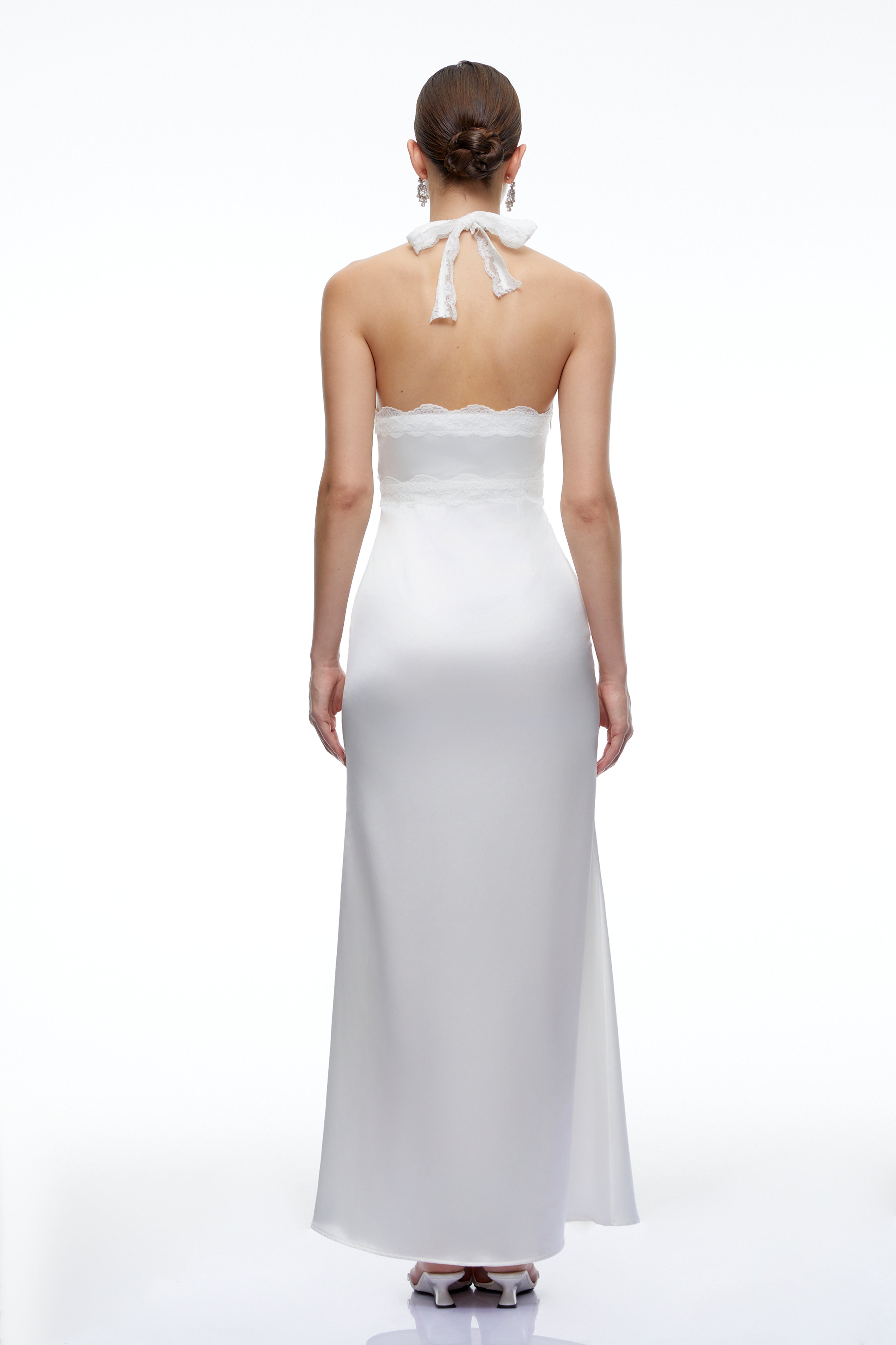 Maristella White Plunge Neck Halterneck Maxi Dress with Lace Trim