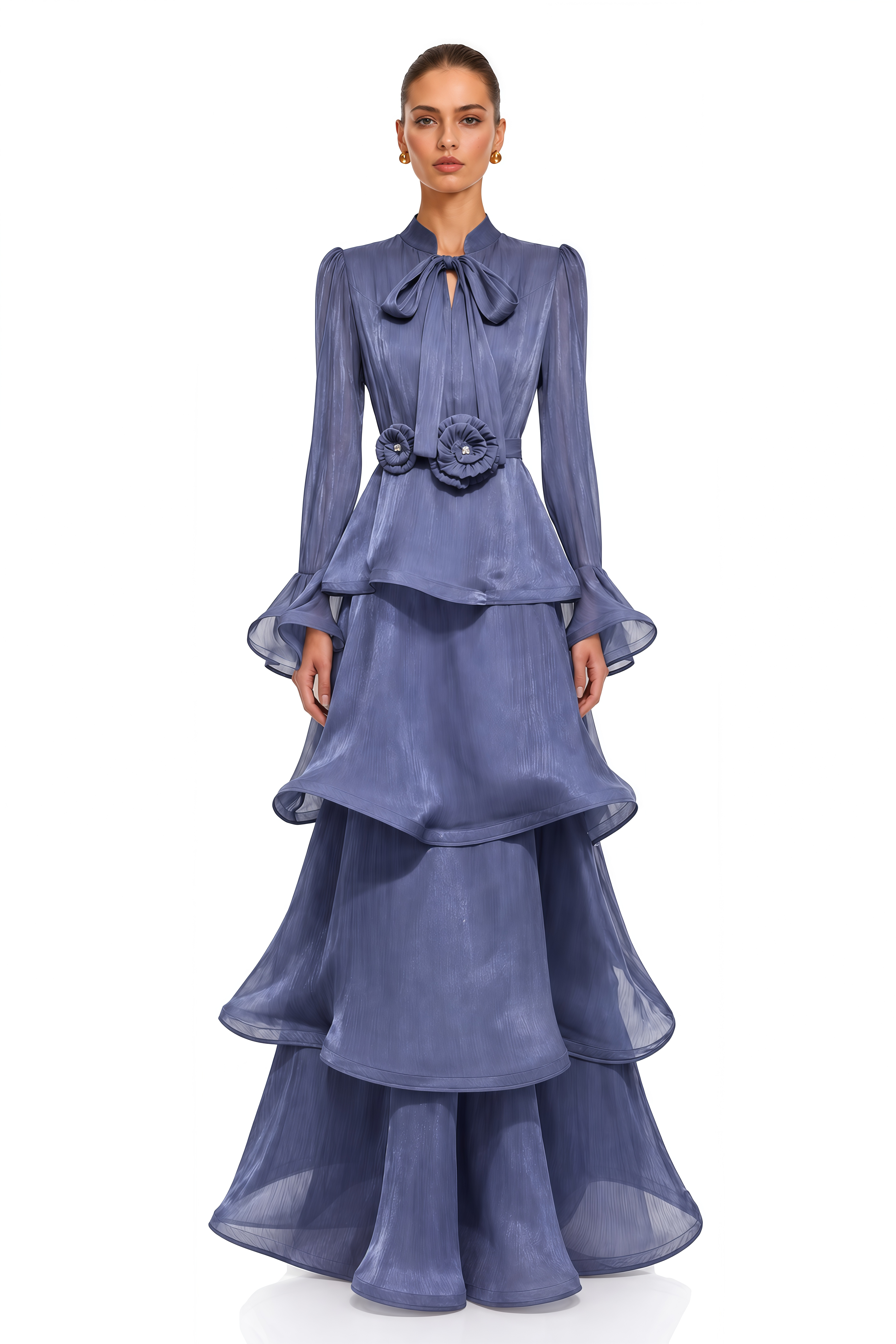 Maristelle Blue Bow Neck Tiered Ruffle Maxi Dress