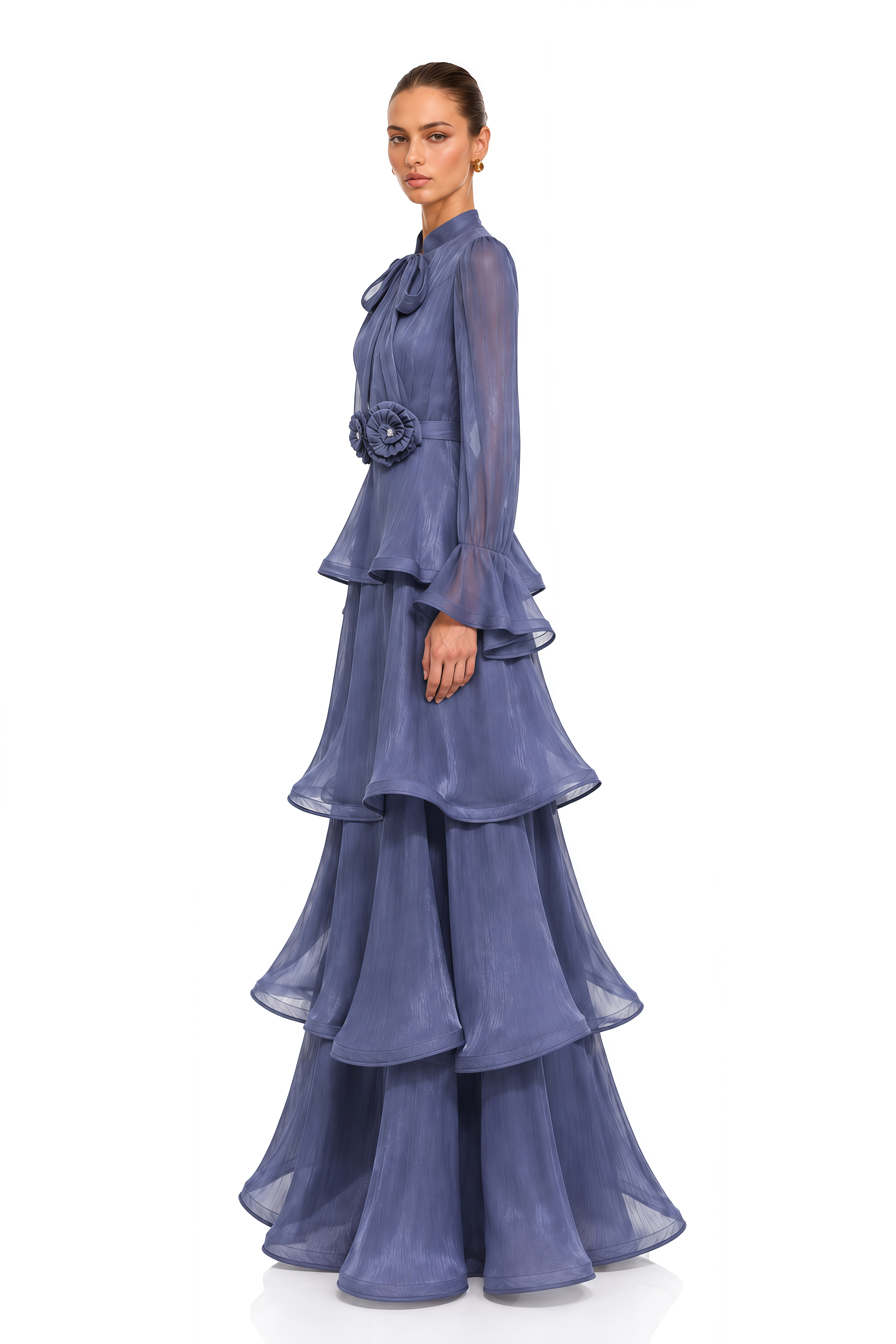 Maristelle Blue Bow Neck Tiered Ruffle Maxi Dress