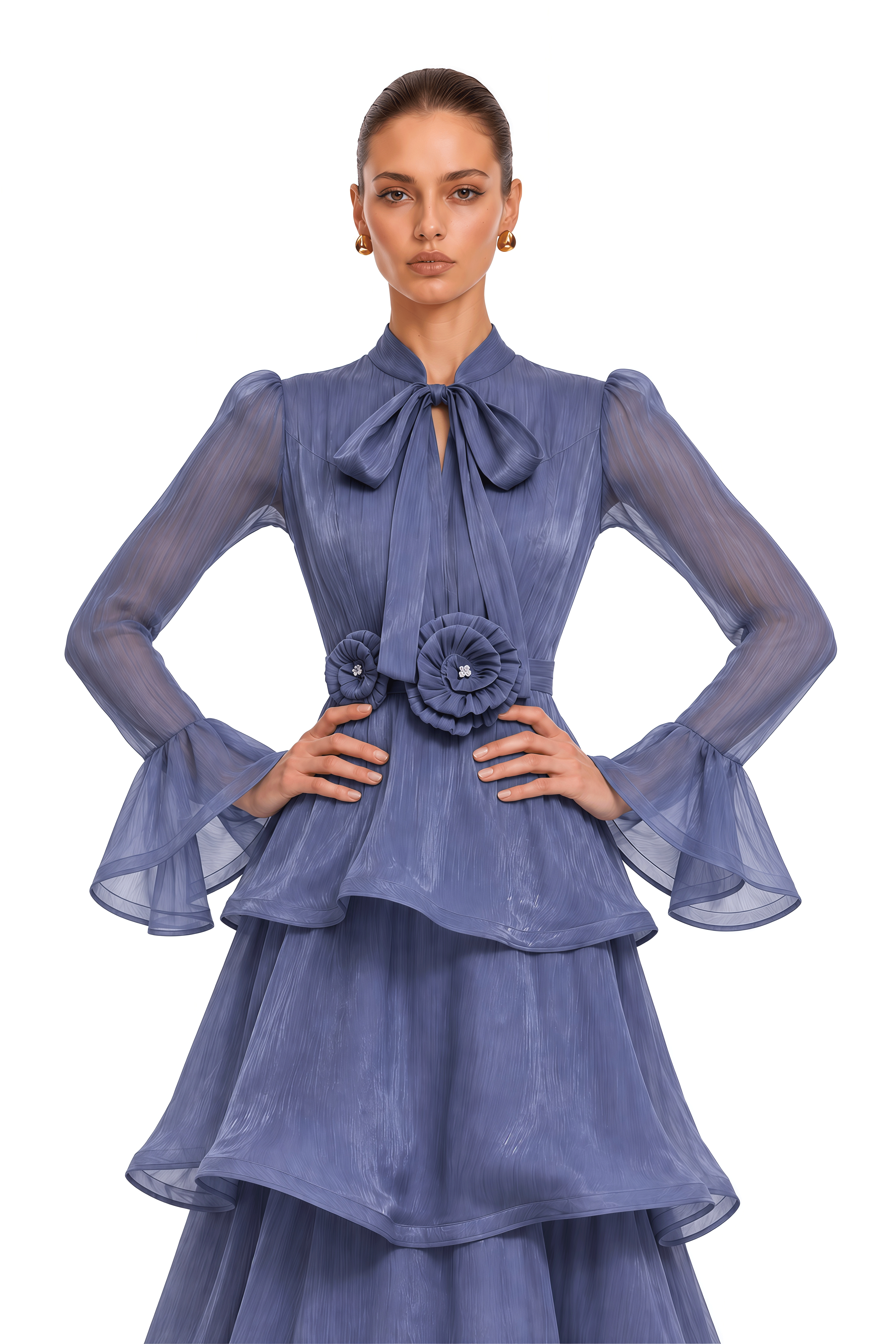Maristelle Blue Bow Neck Tiered Ruffle Maxi Dress