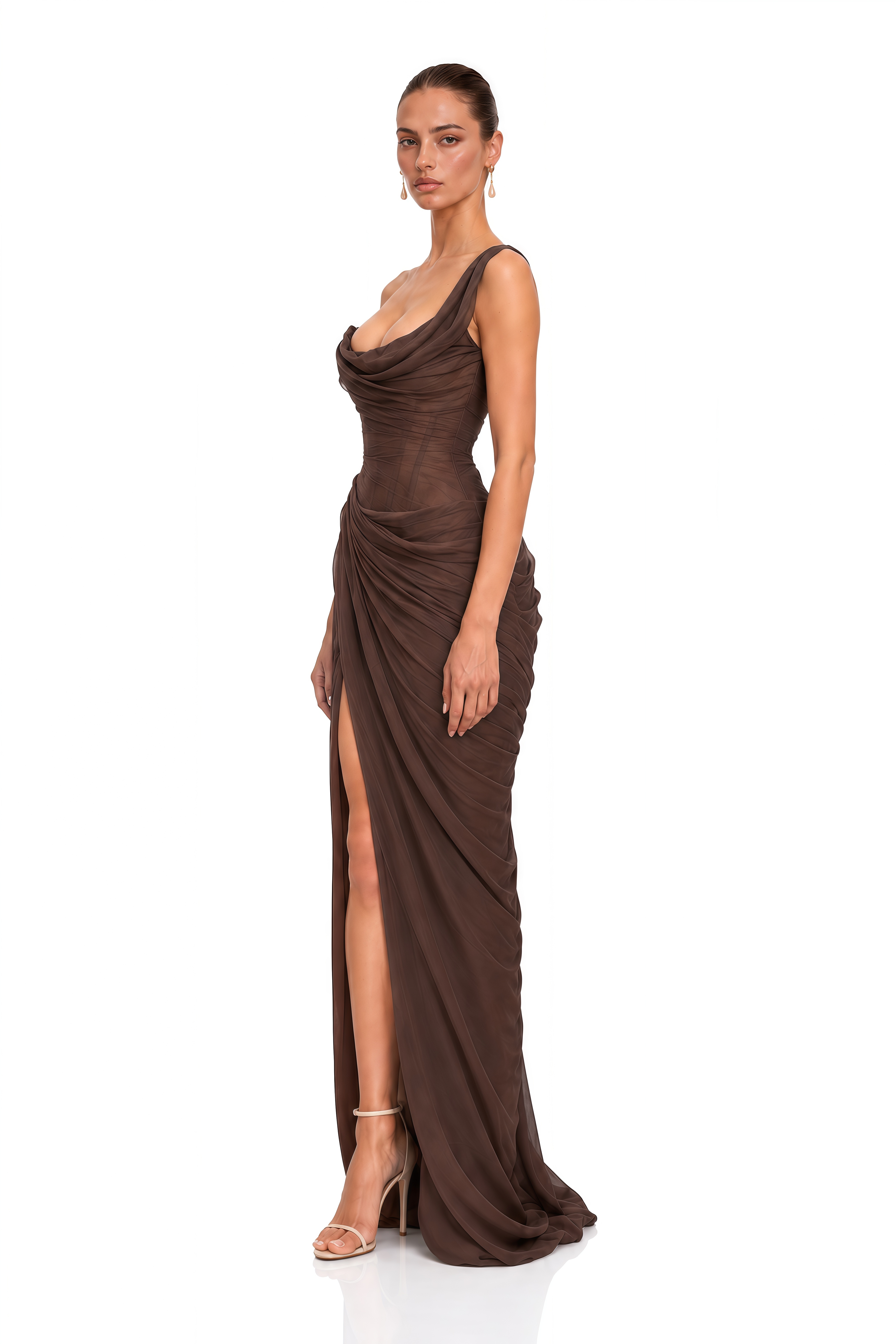 Maristelle Chocolate Brown Asymmetrical Draped Maxi Dress