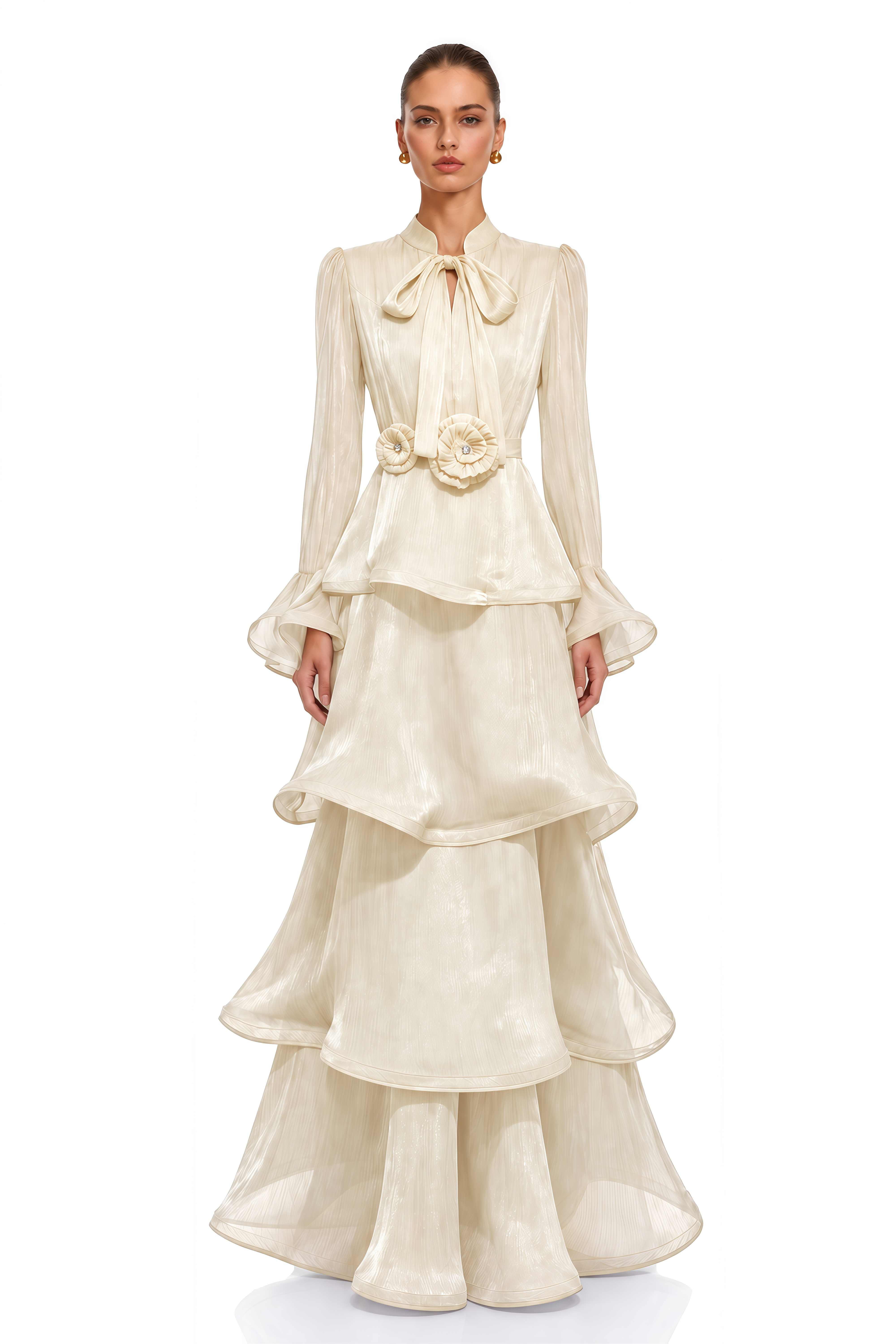 Maristelle Ivory Bow Neck Tiered Ruffle Maxi Dress