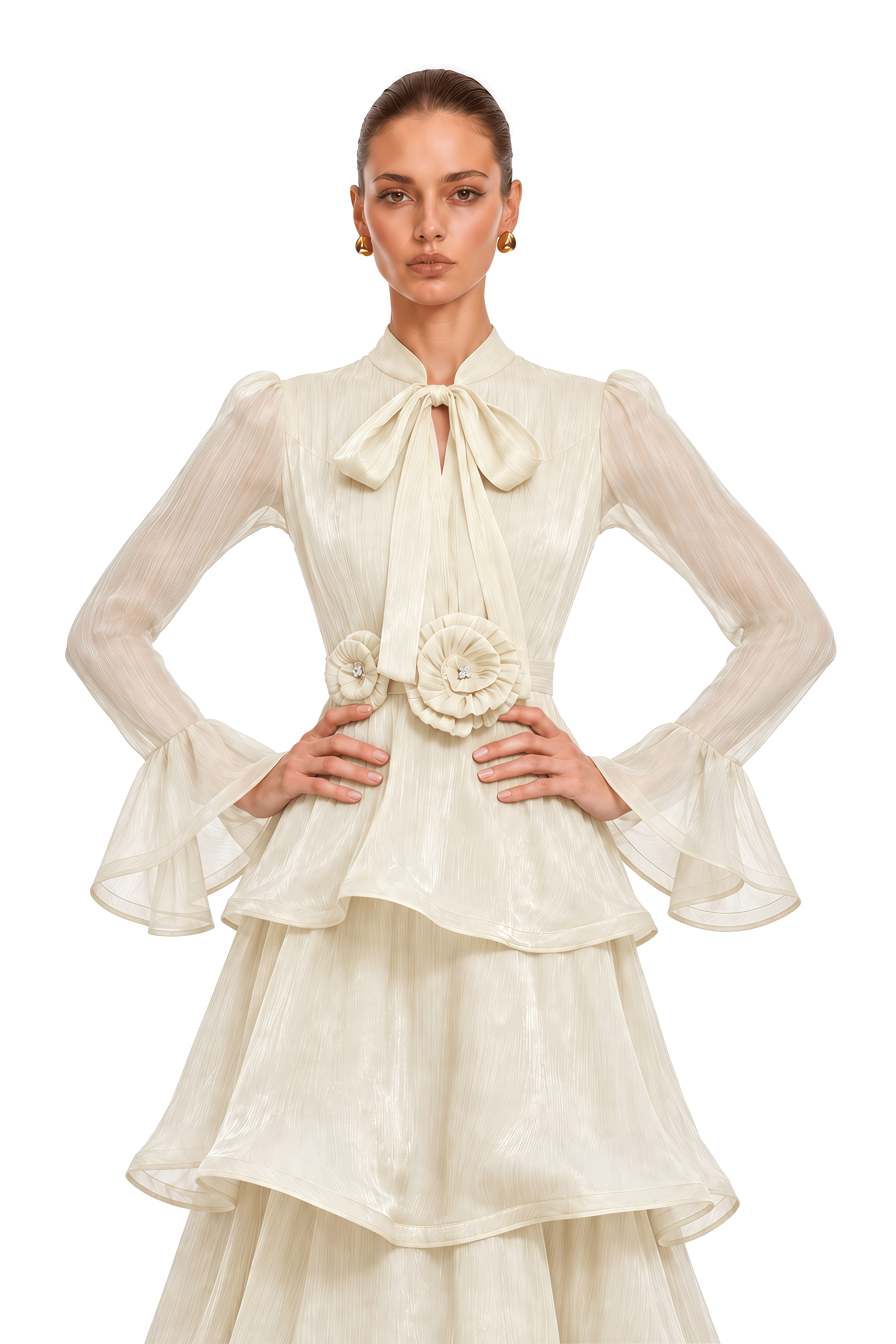 Maristelle Ivory Bow Neck Tiered Ruffle Maxi Dress