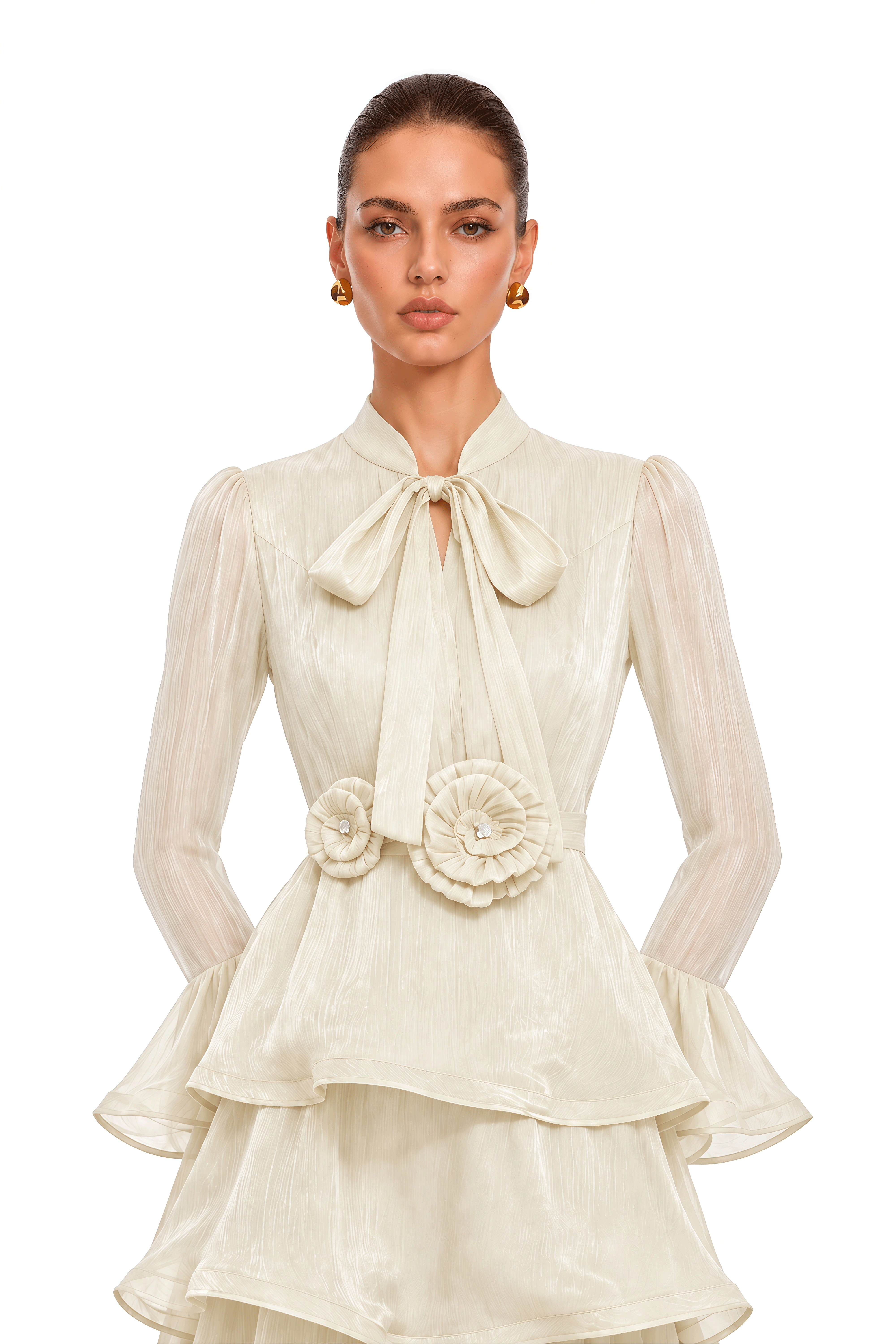 Maristelle Ivory Bow Neck Tiered Ruffle Maxi Dress