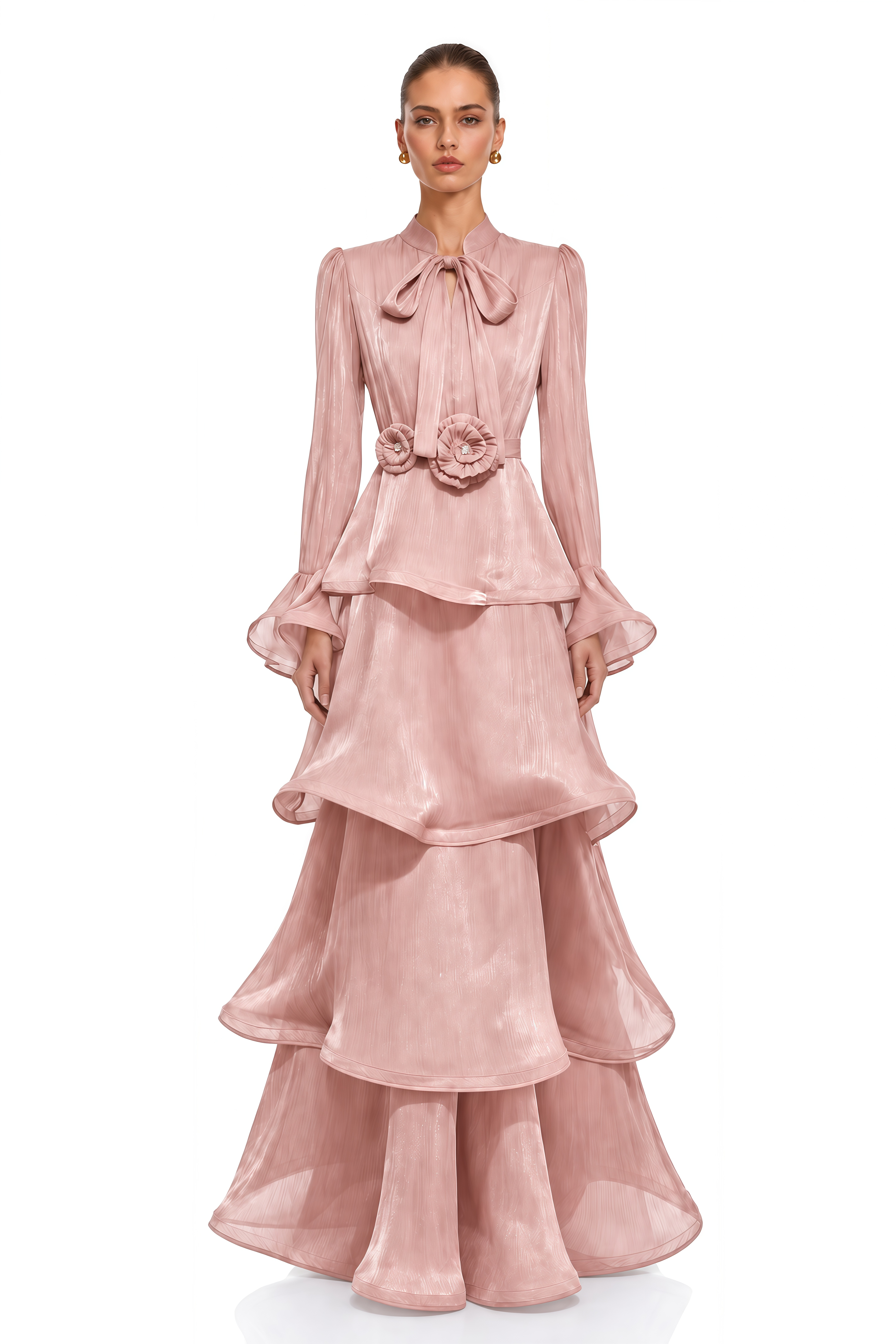 Maristelle Pink Bow Neck Tiered Ruffle Maxi Dress