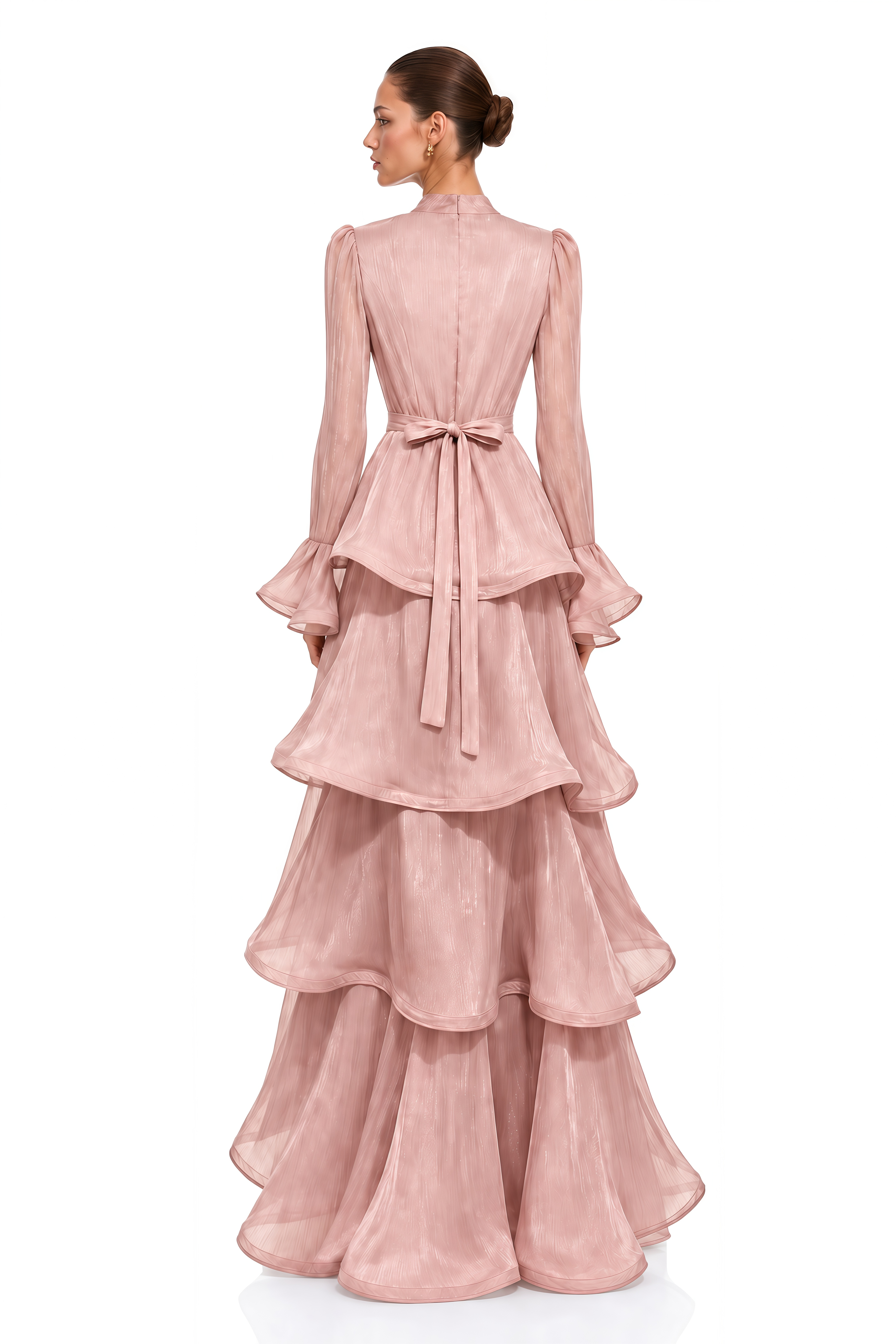 Maristelle Pink Bow Neck Tiered Ruffle Maxi Dress