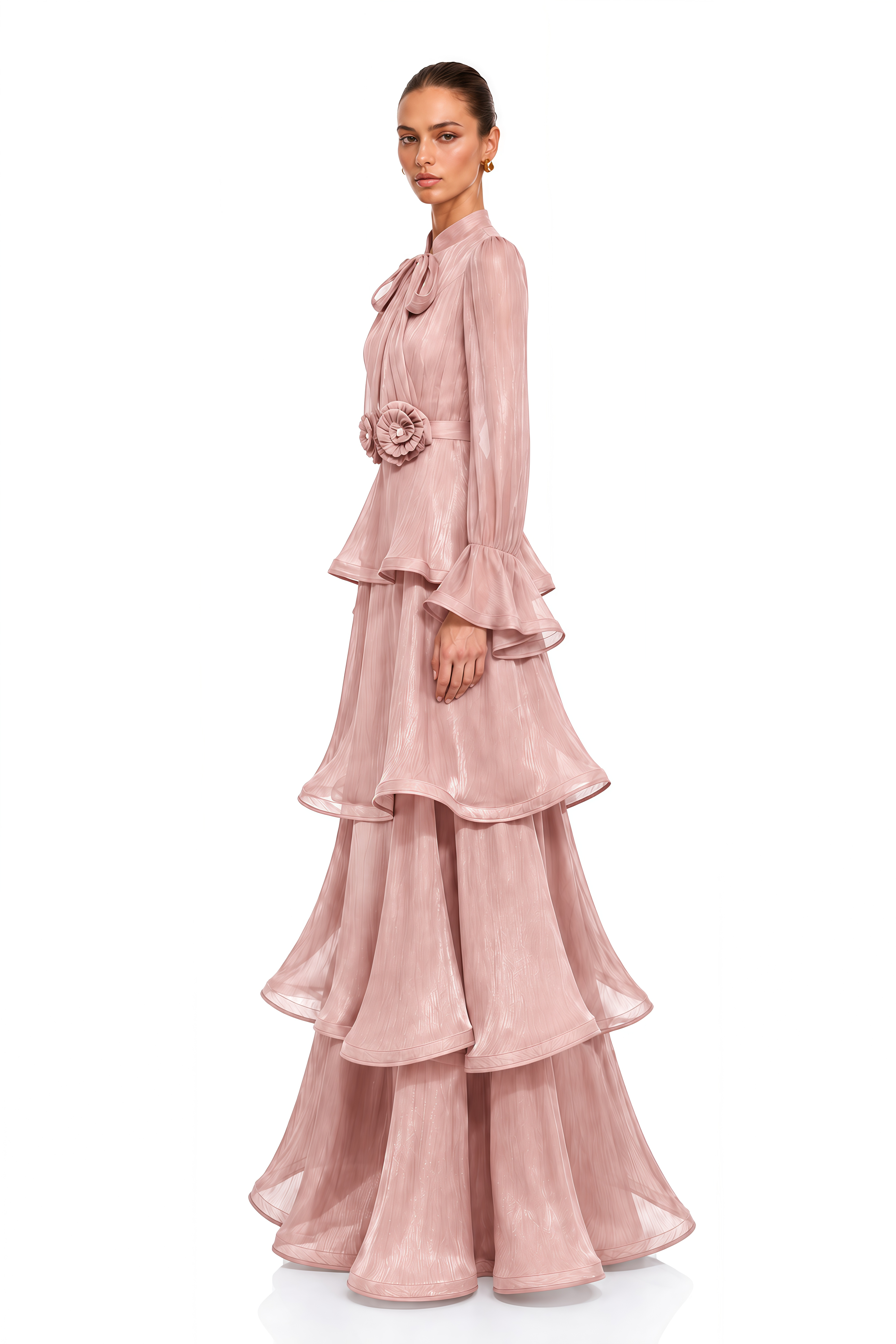 Maristelle Pink Bow Neck Tiered Ruffle Maxi Dress