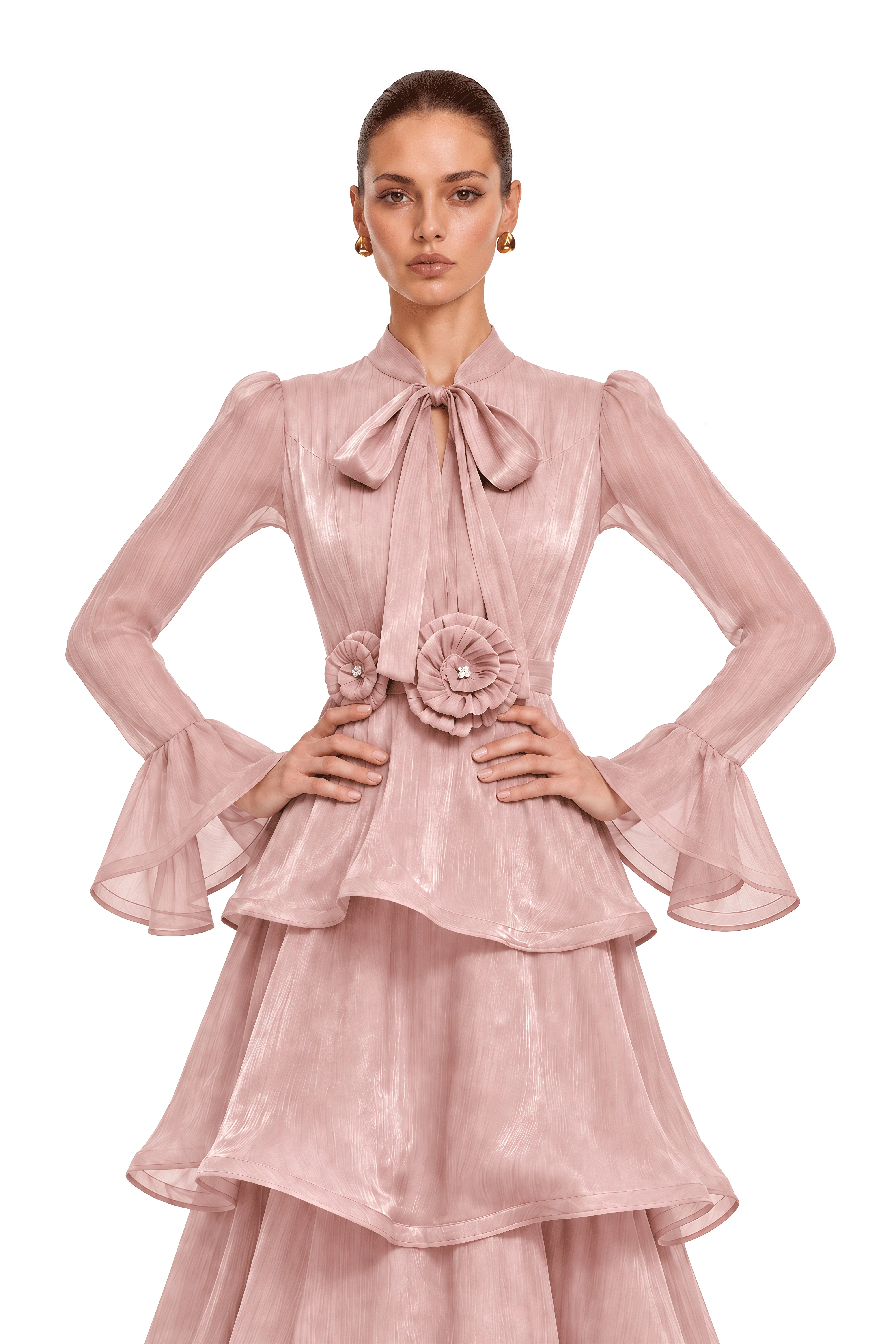 Maristelle Pink Bow Neck Tiered Ruffle Maxi Dress