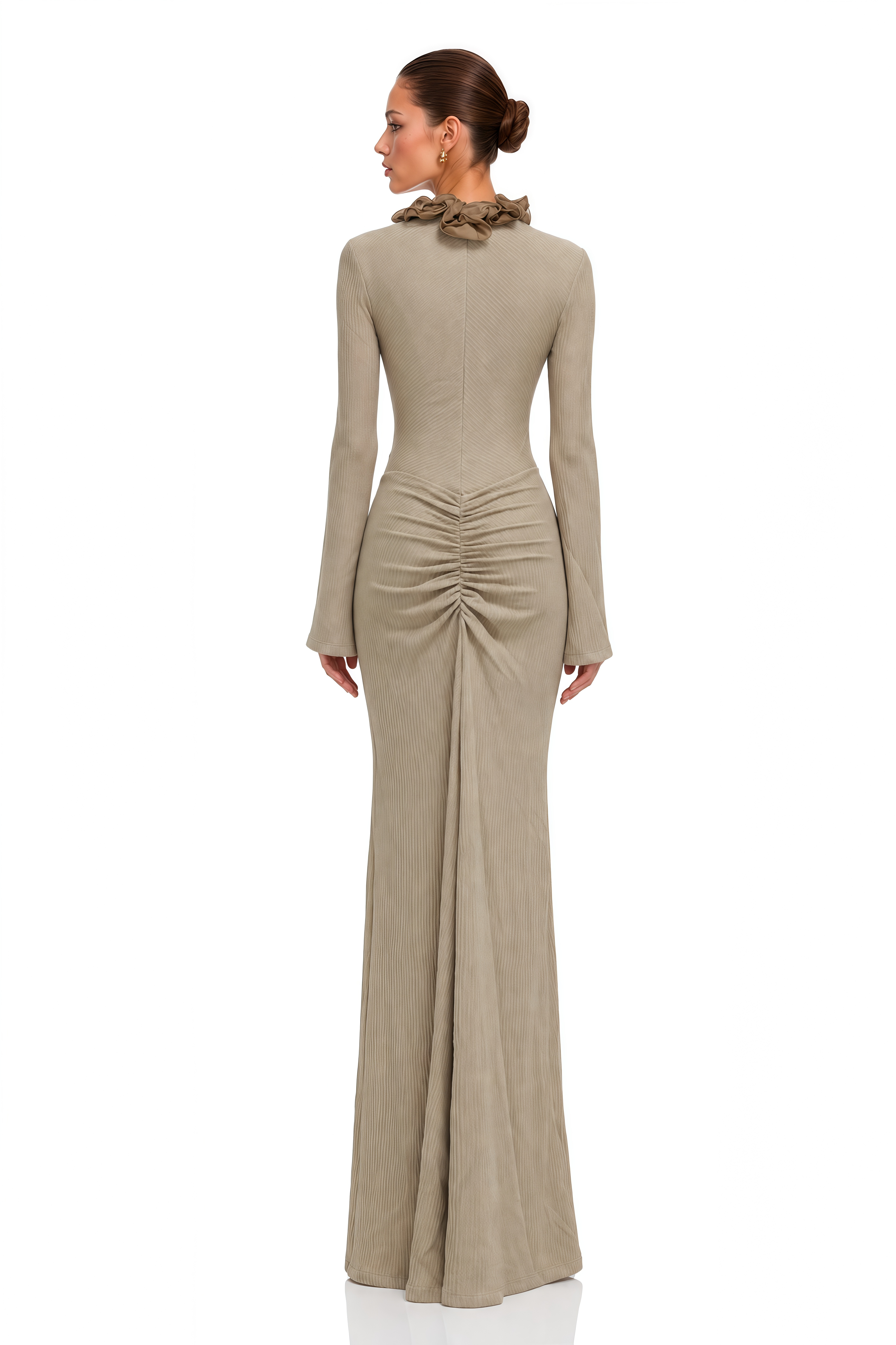 Maritza Khaki Ruffle Trim Long Sleeve Maxi Dress