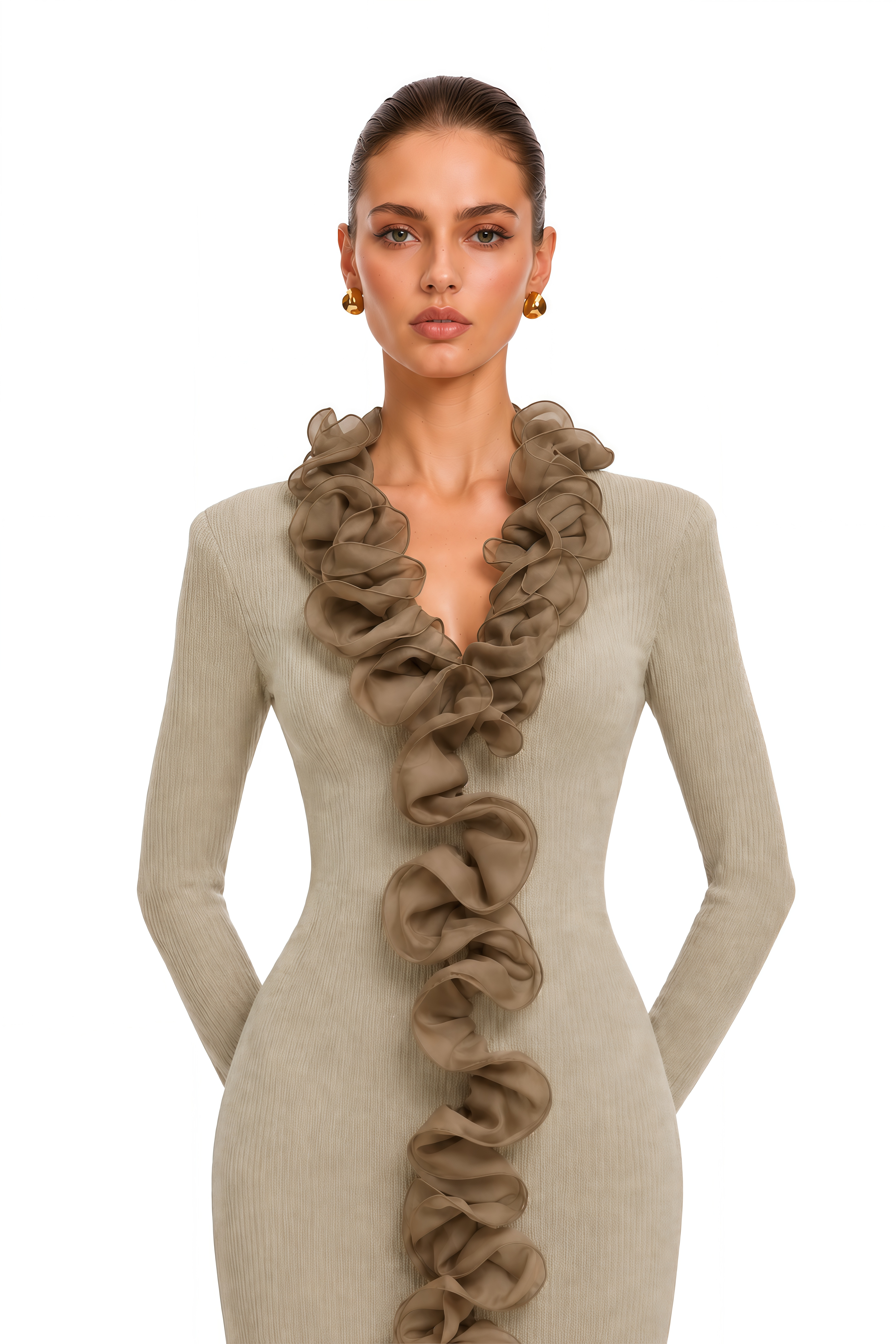 Maritza Khaki Ruffle Trim Long Sleeve Maxi Dress