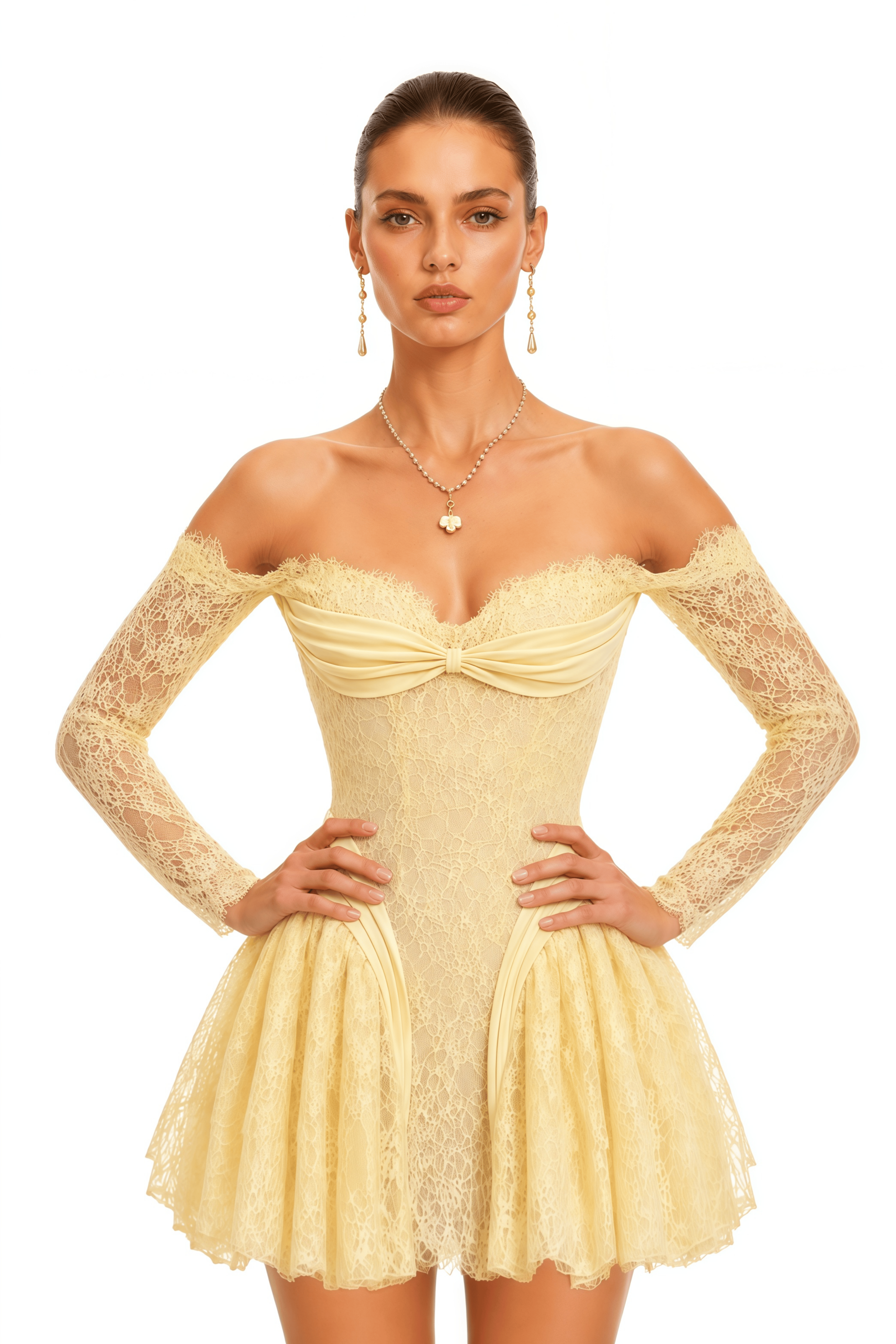 Mariveth Yellow Lace Mini Dress with Bow Detail