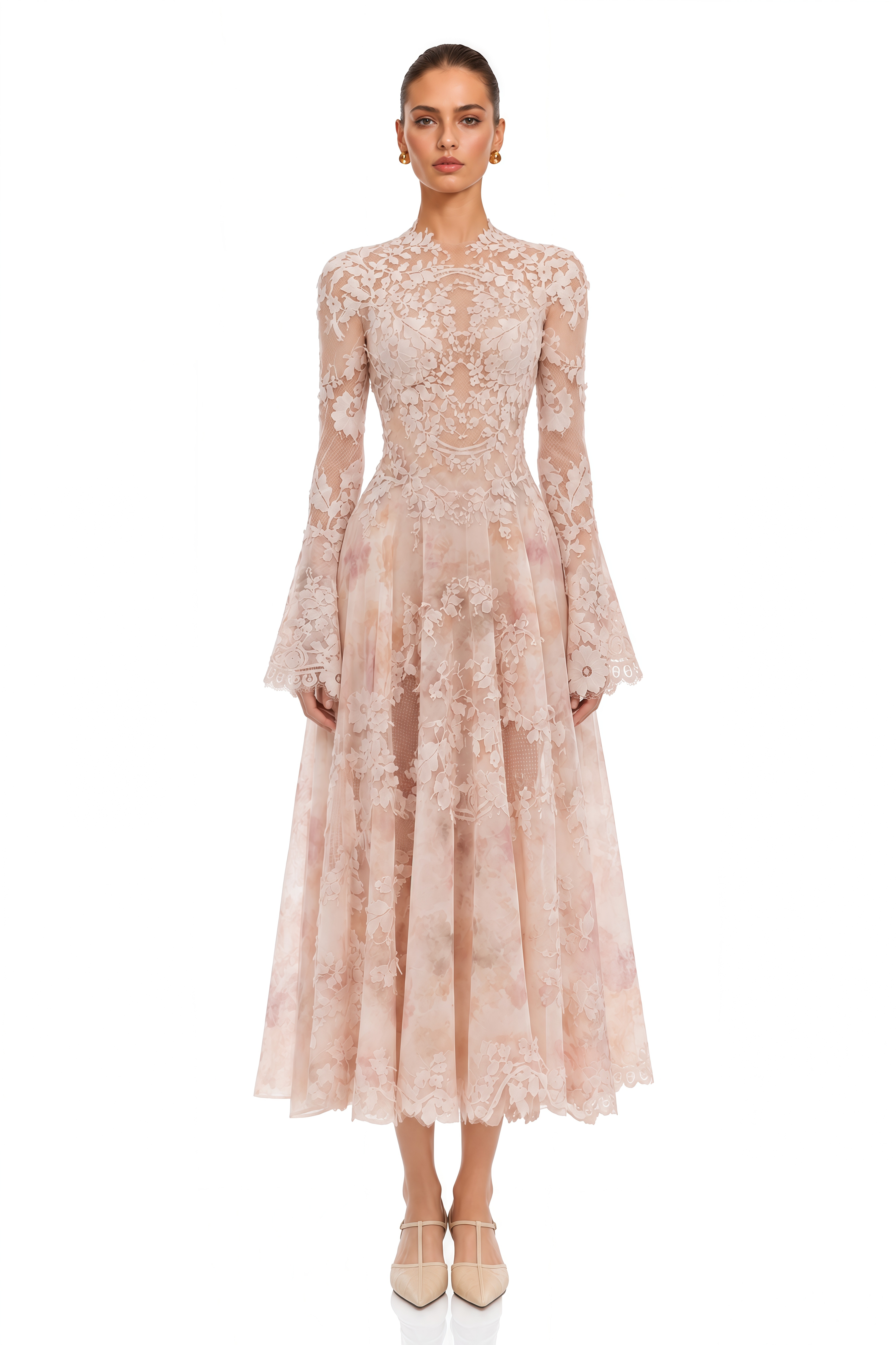 Marjolaine Blush Pink Floral Lace Long Sleeve Midi Dress