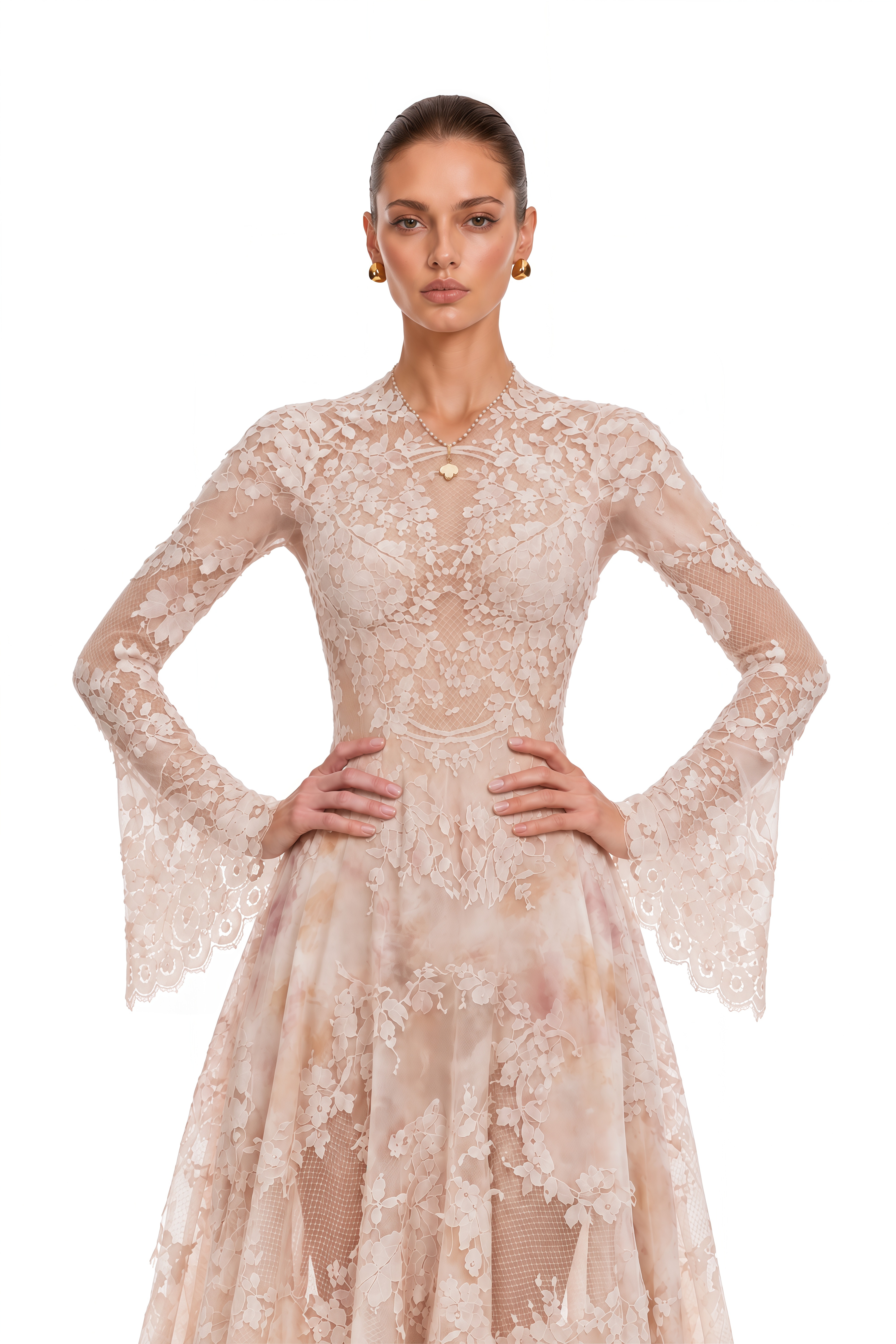 Marjolaine Blush Pink Floral Lace Long Sleeve Midi Dress