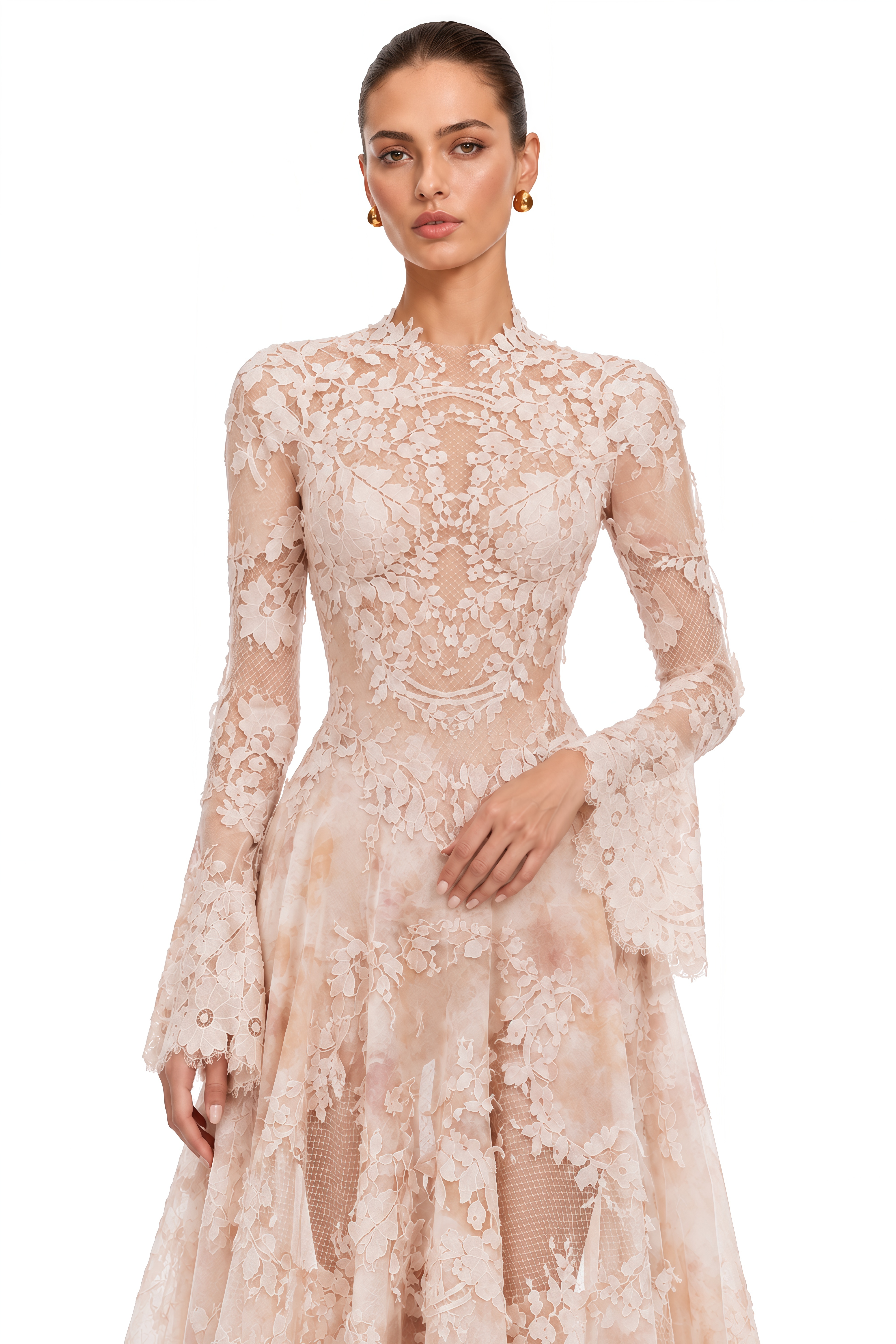 Marjolaine Blush Pink Floral Lace Long Sleeve Midi Dress