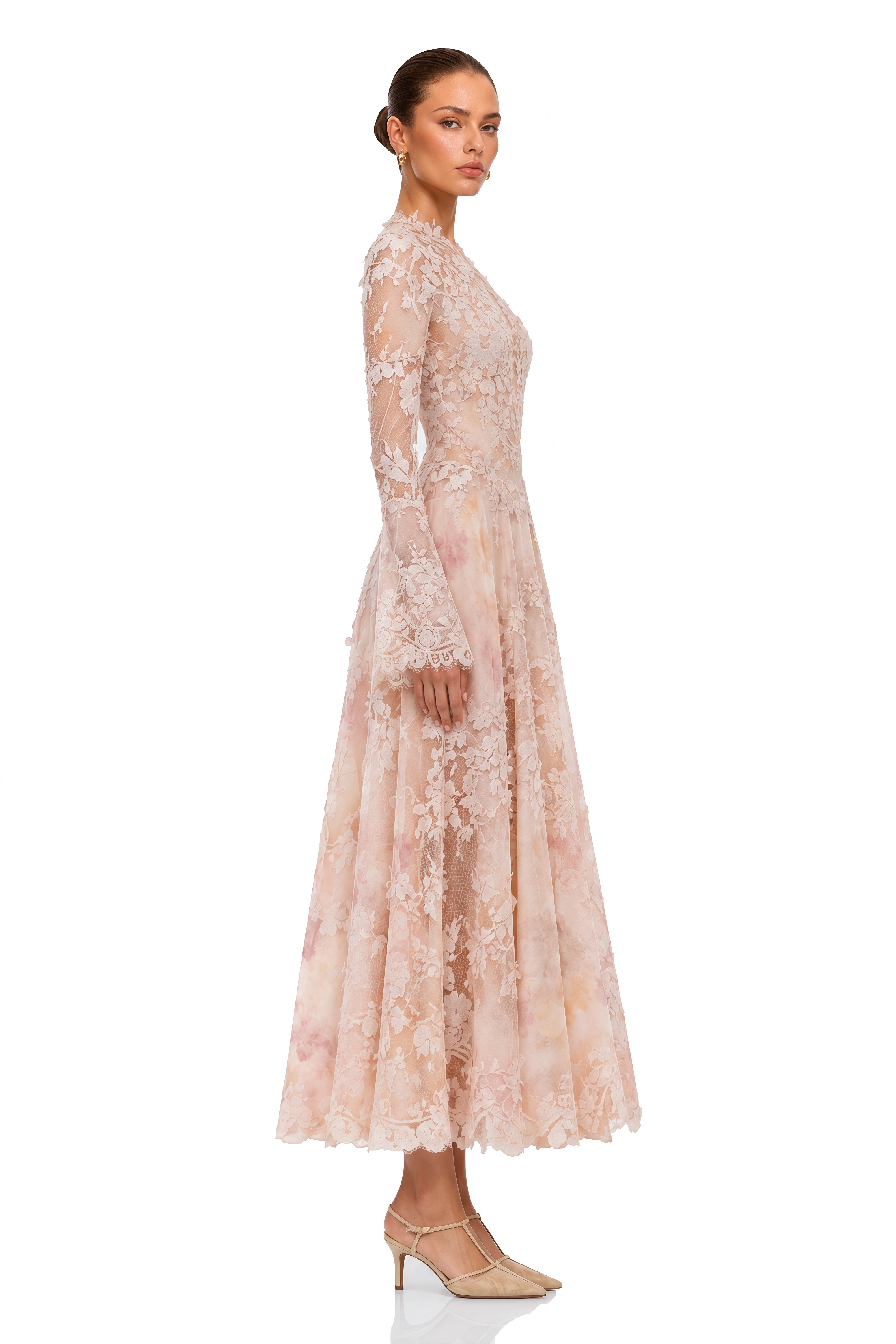 Marjolaine Blush Pink Floral Lace Long Sleeve Midi Dress