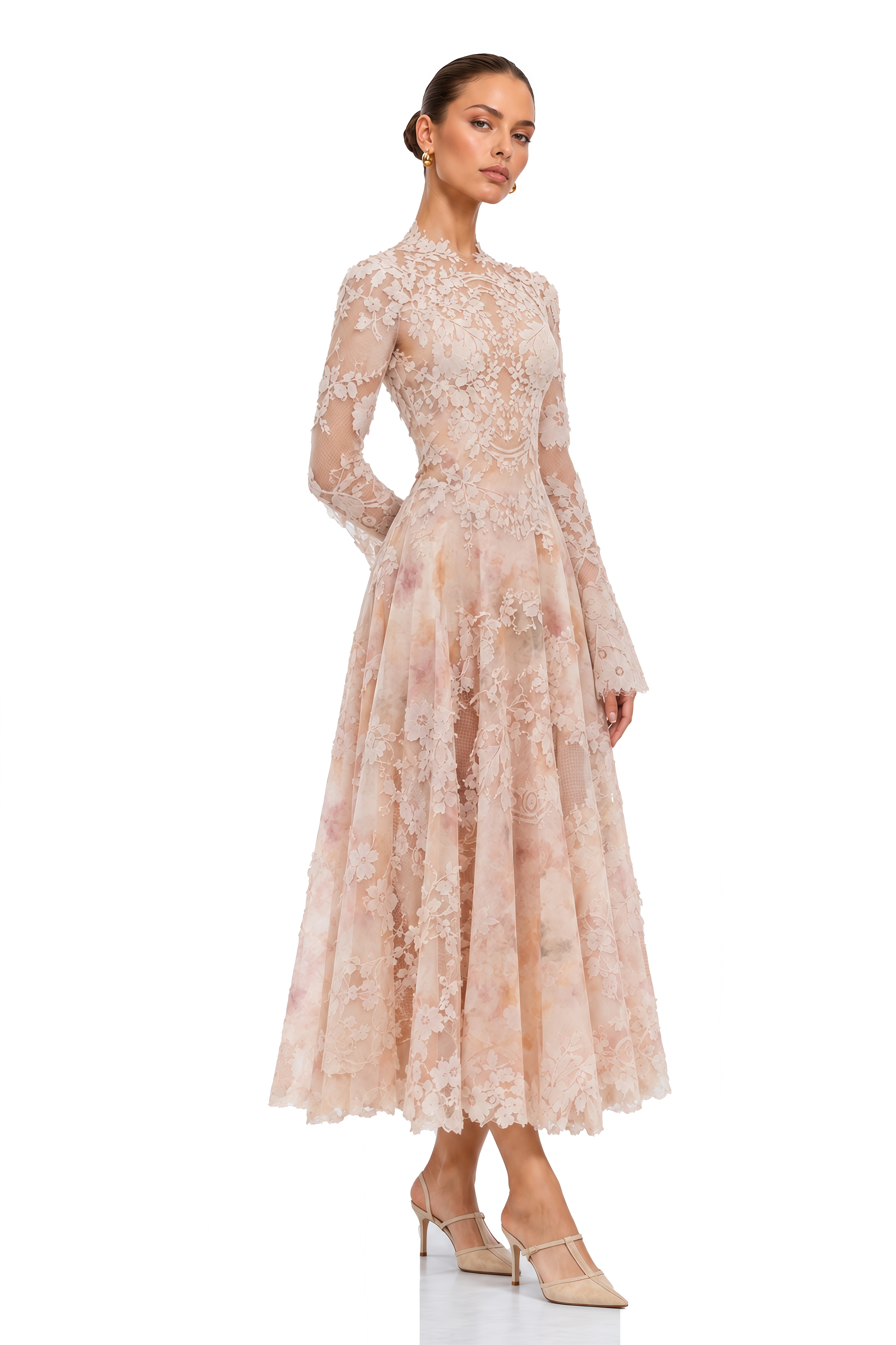 Marjolaine Blush Pink Floral Lace Long Sleeve Midi Dress