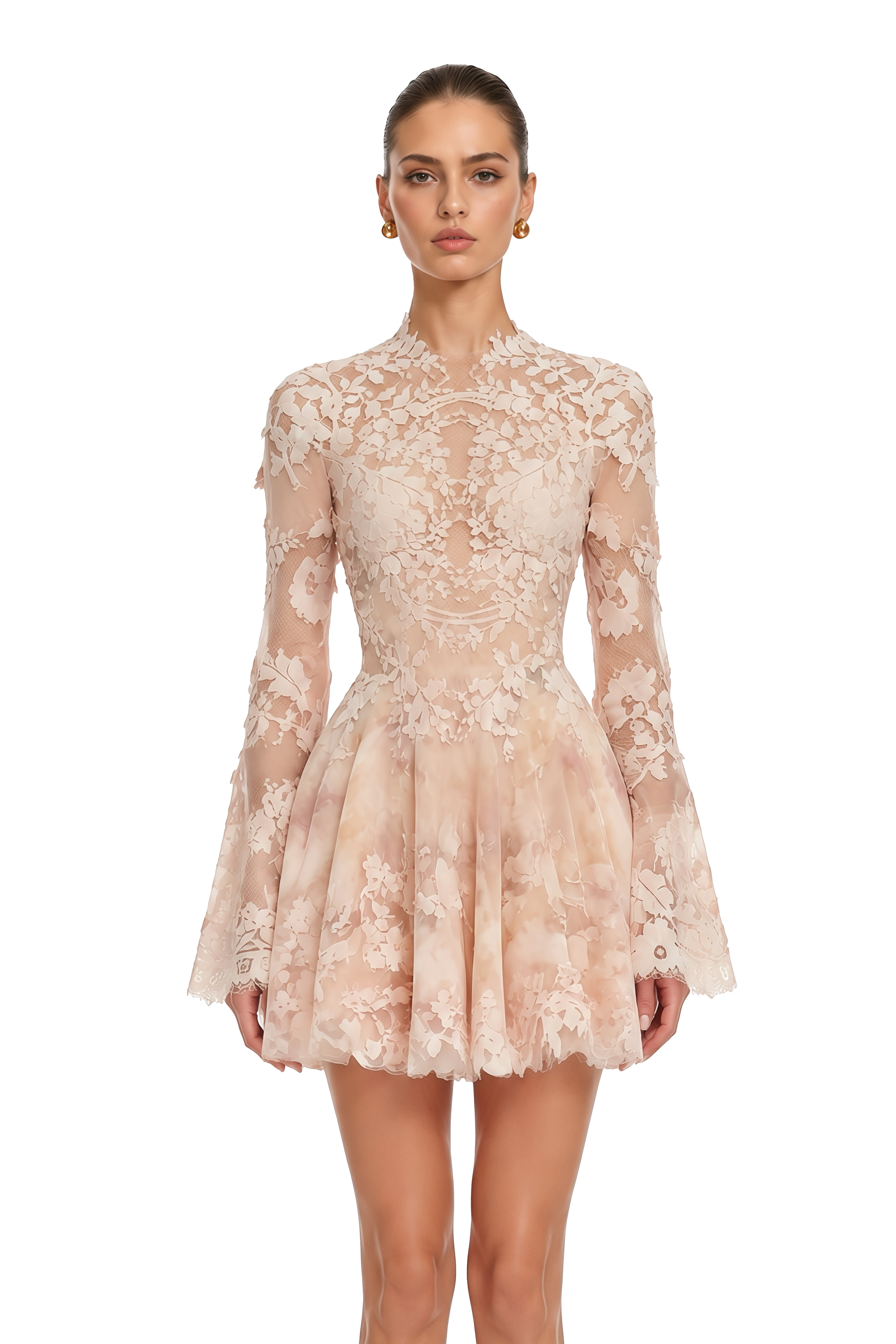 Marjolaine Blush Pink Floral Lace Long Sleeve Mini Dress