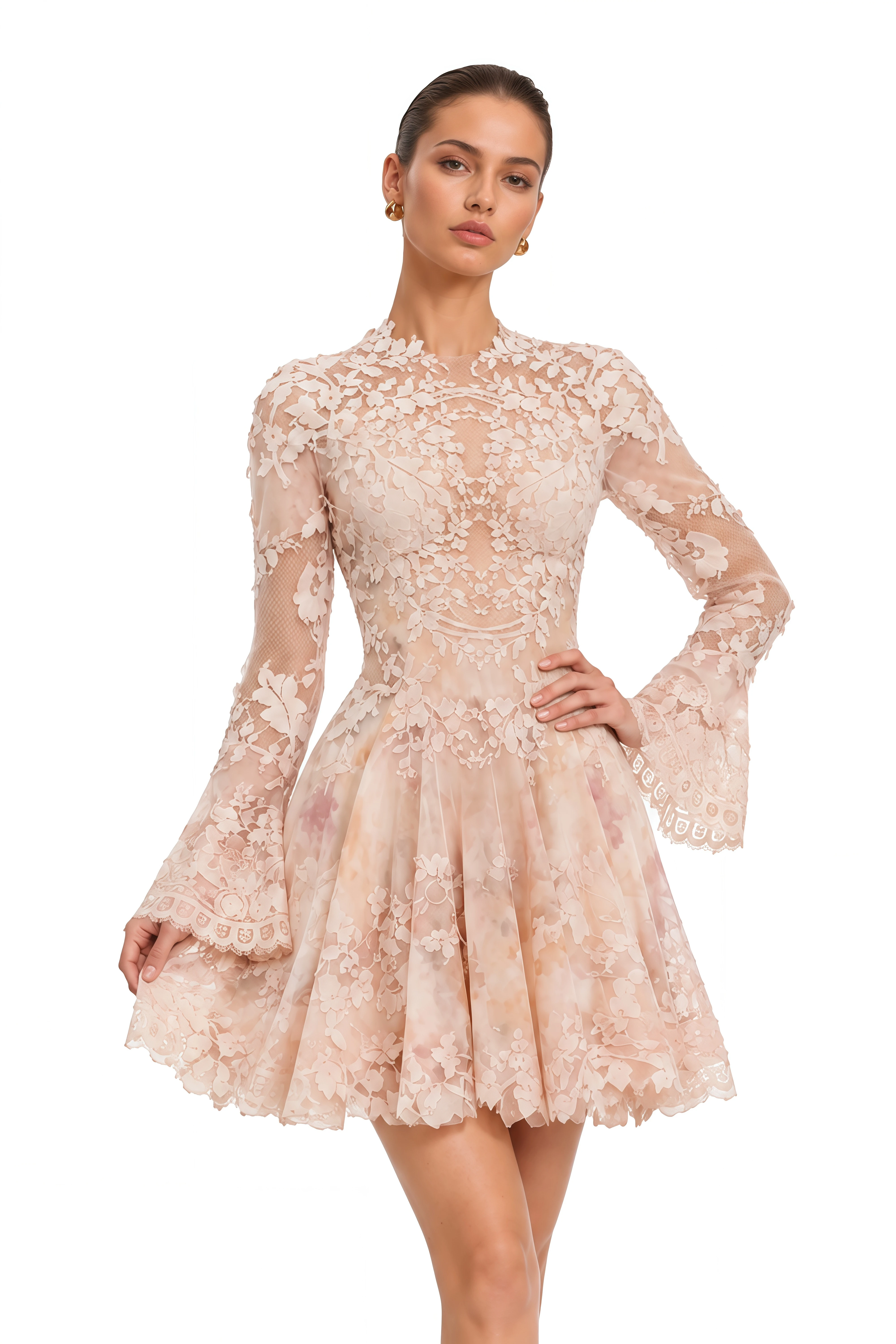 Marjolaine Blush Pink Floral Lace Long Sleeve Mini Dress