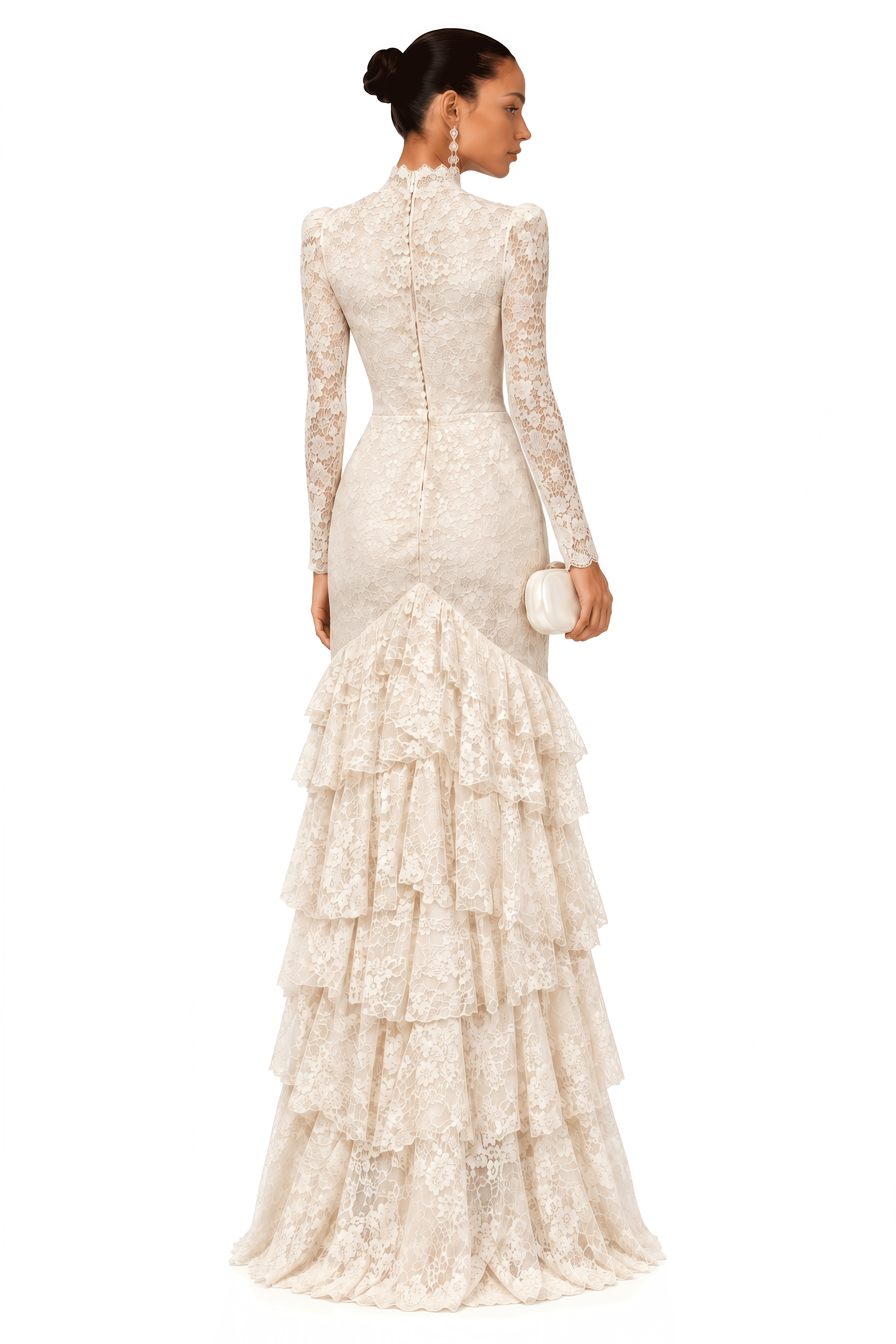 Marjorie White Lace High Neck Ruffled Maxi Dress