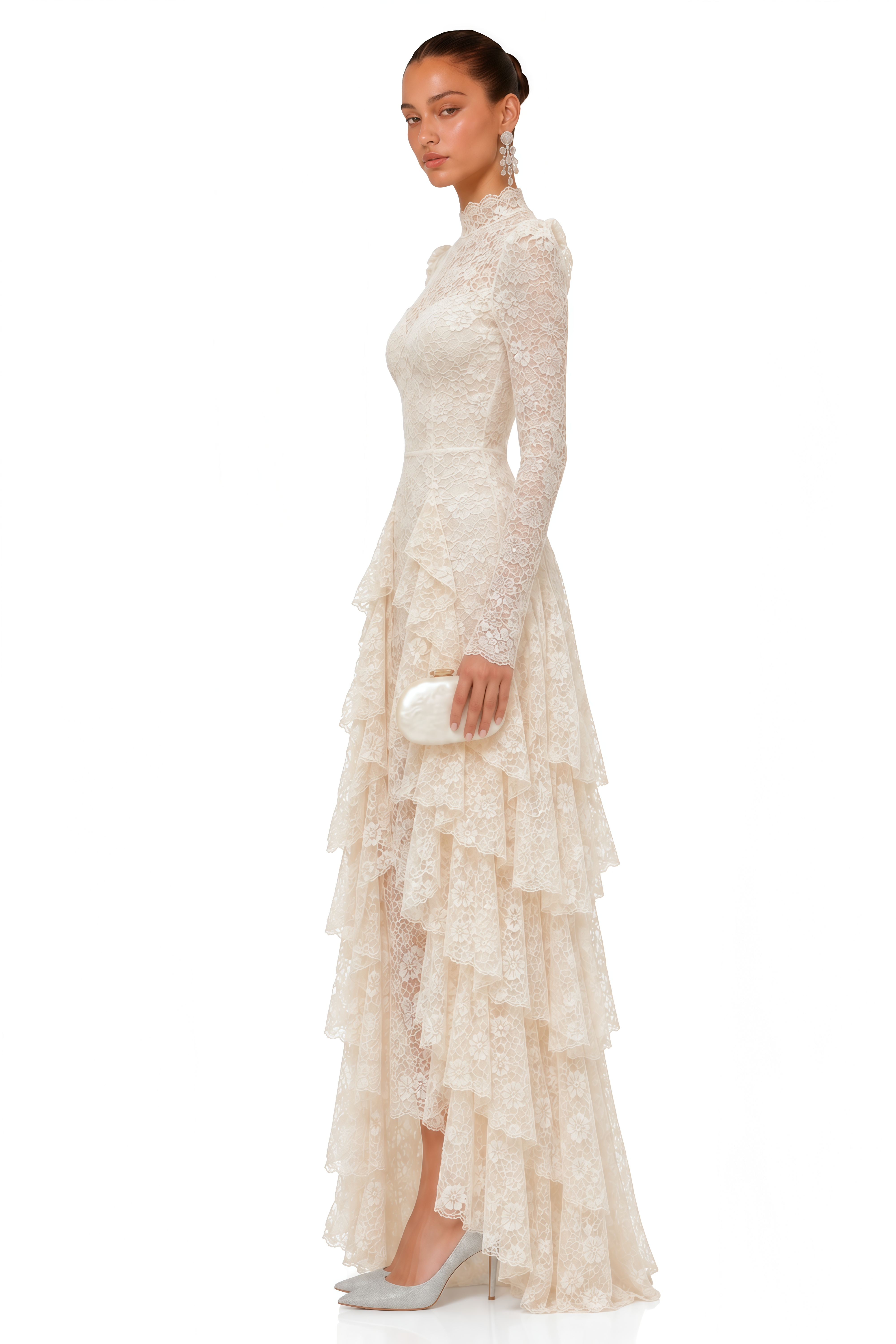 Marjorie White Lace High Neck Ruffled Maxi Dress