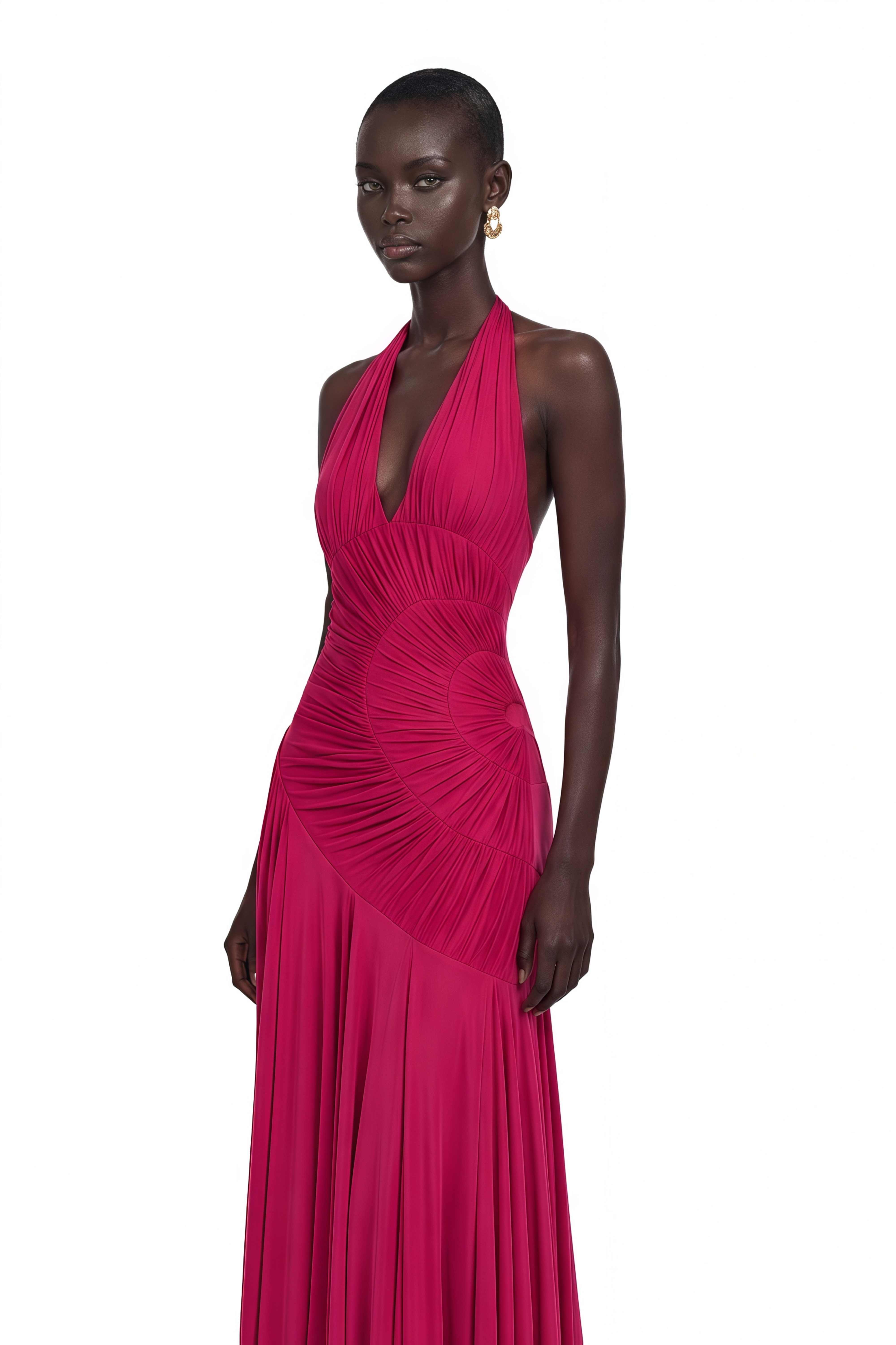 Marleigh Fuchsia Halterneck Asymmetrical Pleated Maxi Dress