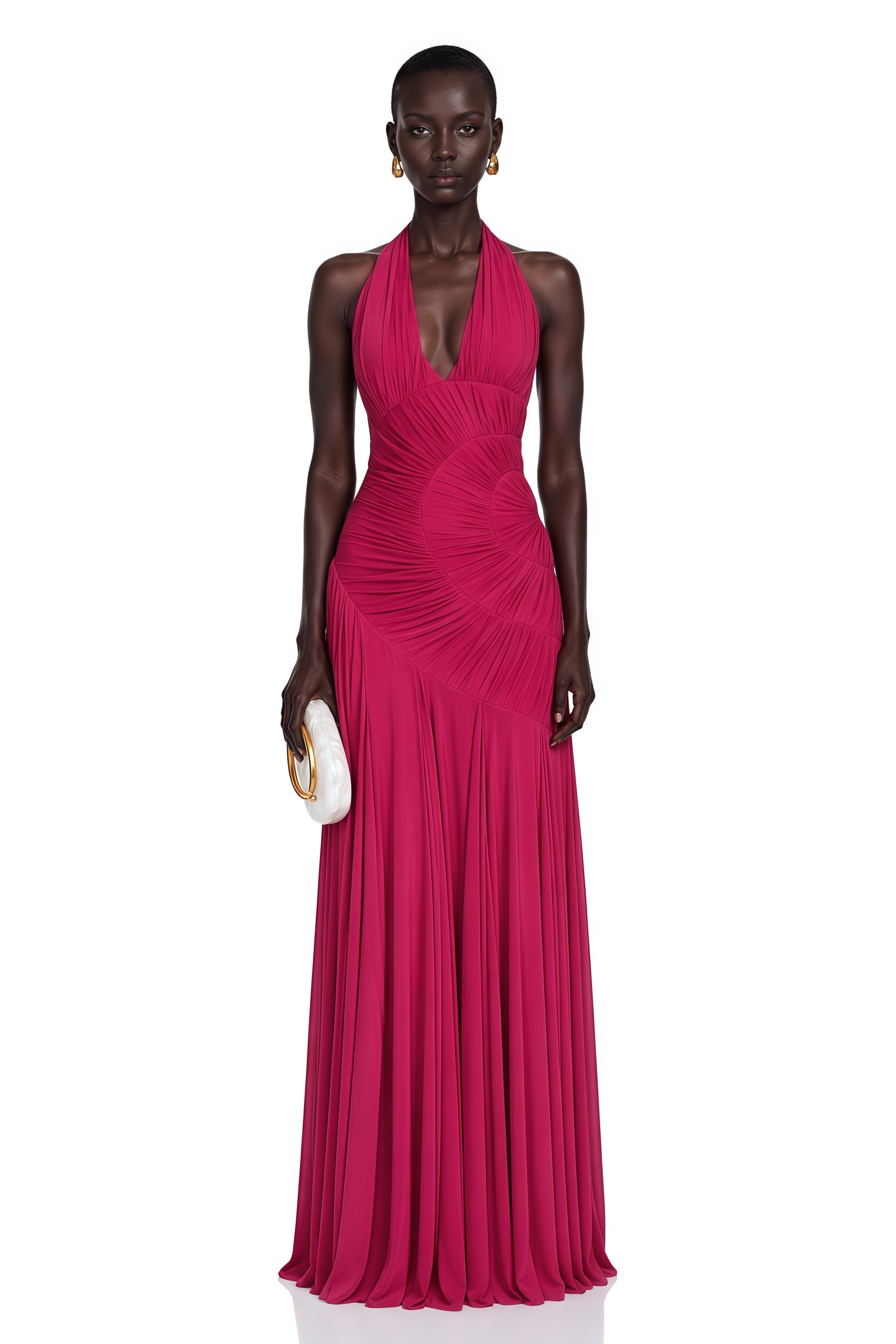 Marleigh Fuchsia Halterneck Asymmetrical Pleated Maxi Dress