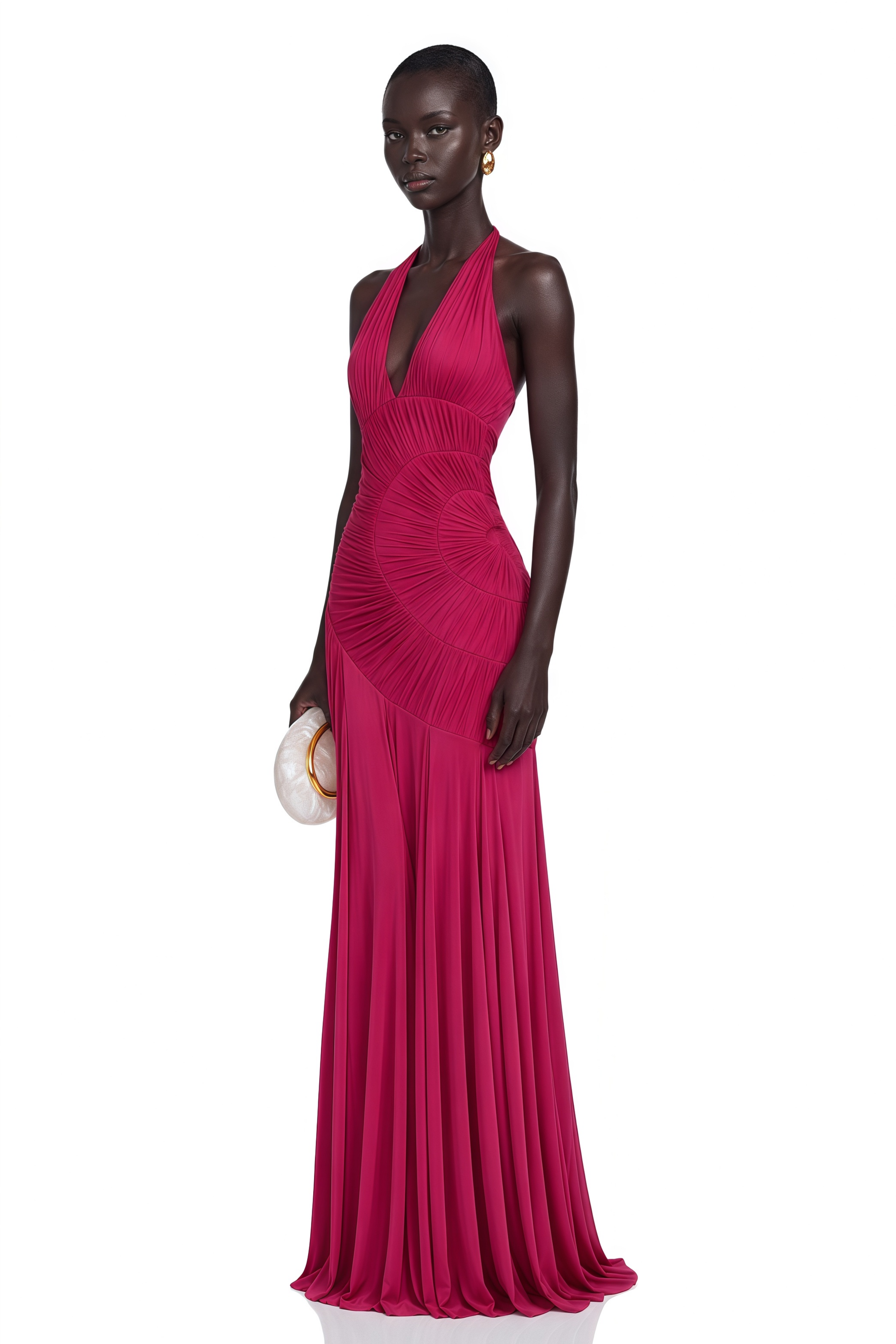 Marleigh Fuchsia Halterneck Asymmetrical Pleated Maxi Dress