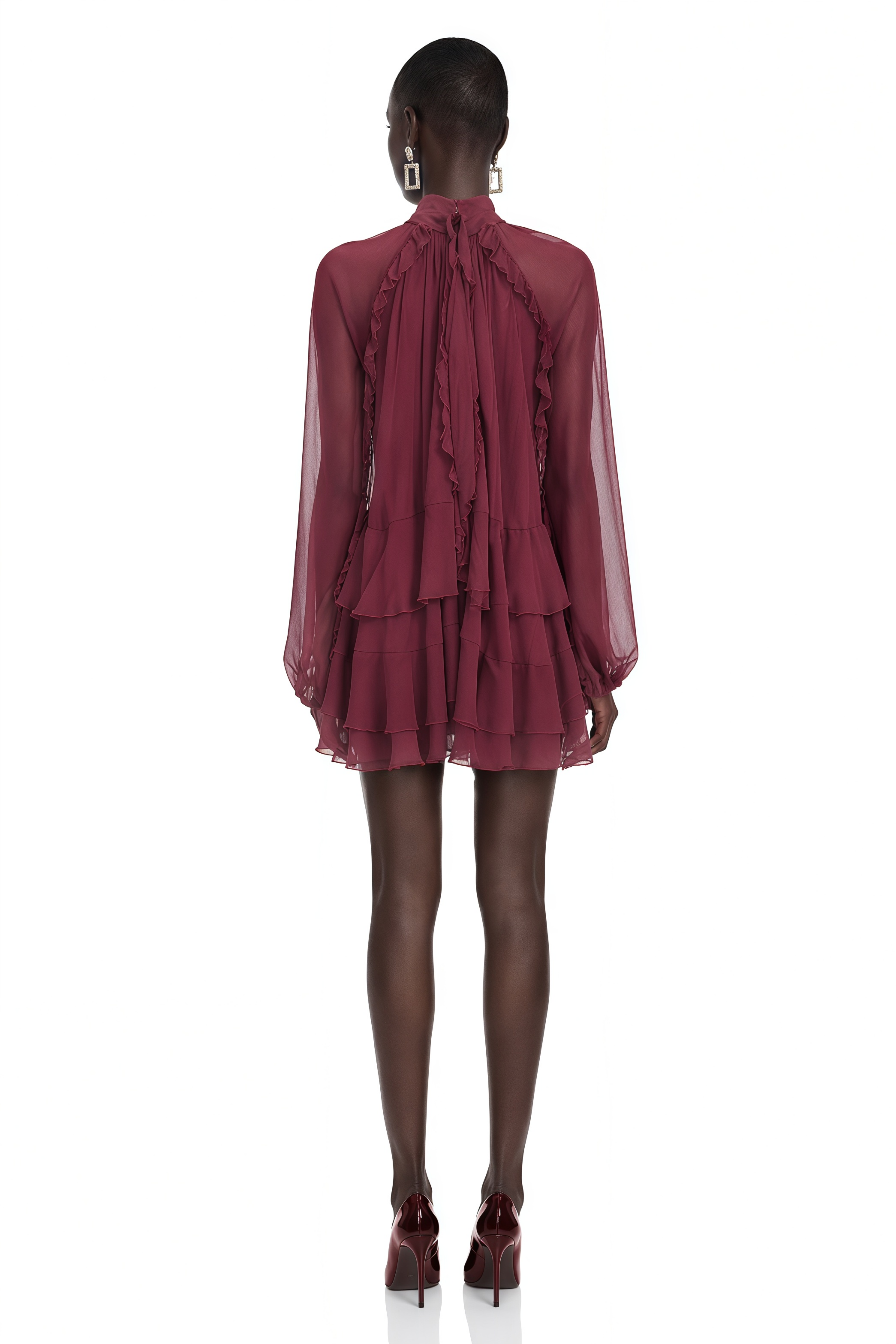 Marlena Maroon High Neck Long Sleeve Tiered Ruffle Mini Dress