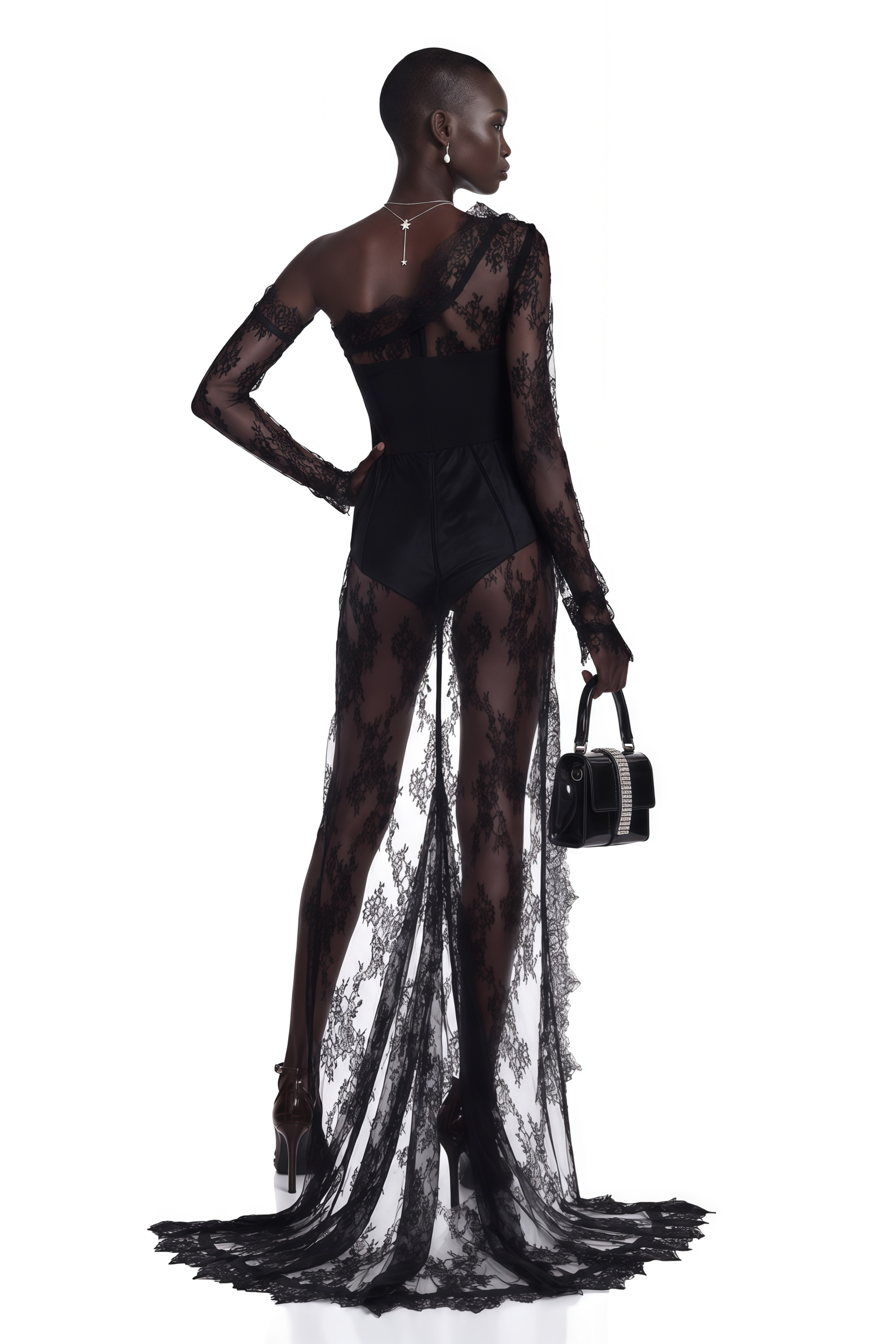 Marnie Black Lace One-Shoulder High-Low Mini Dress