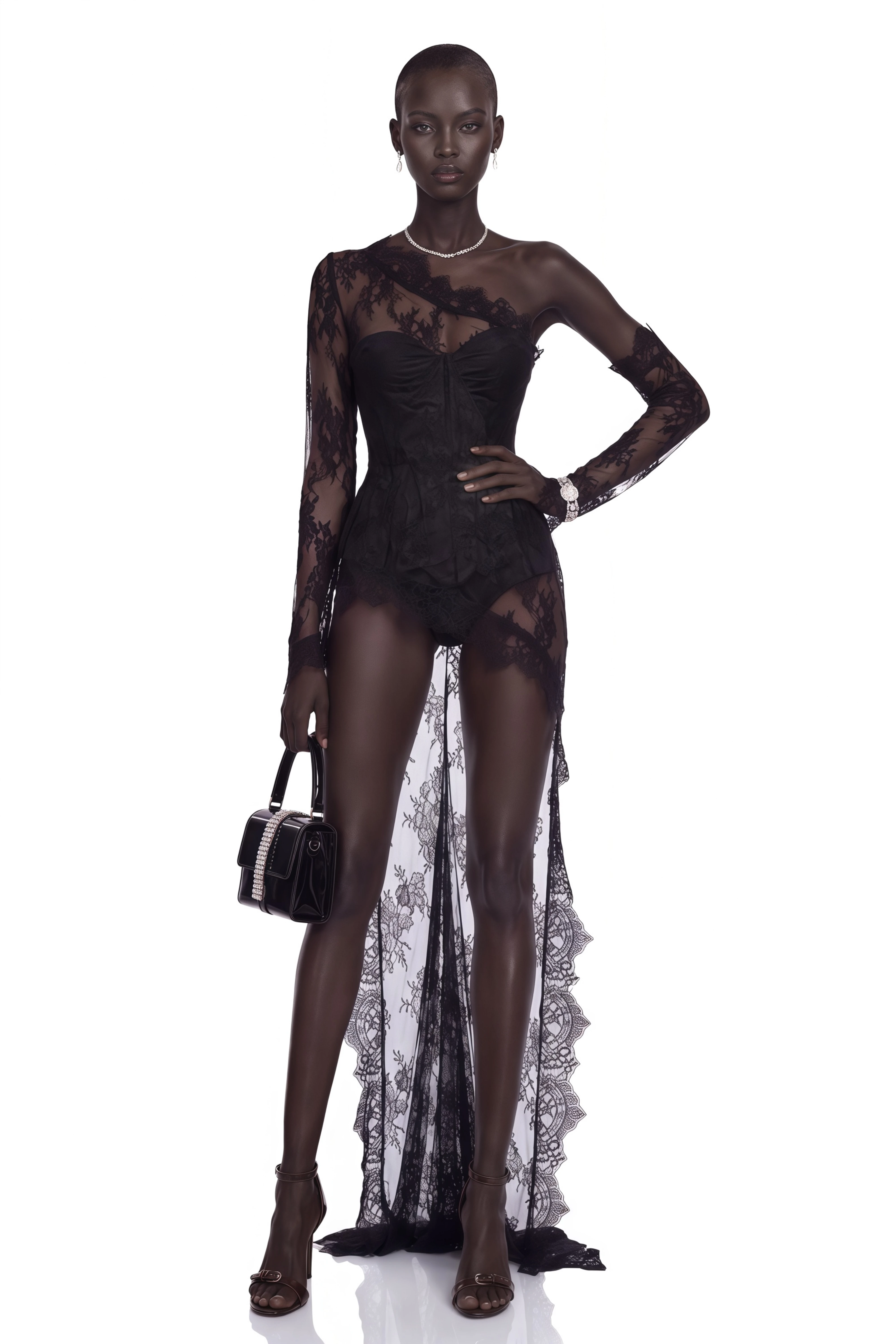 Marnie Black Lace One-Shoulder High-Low Mini Dress