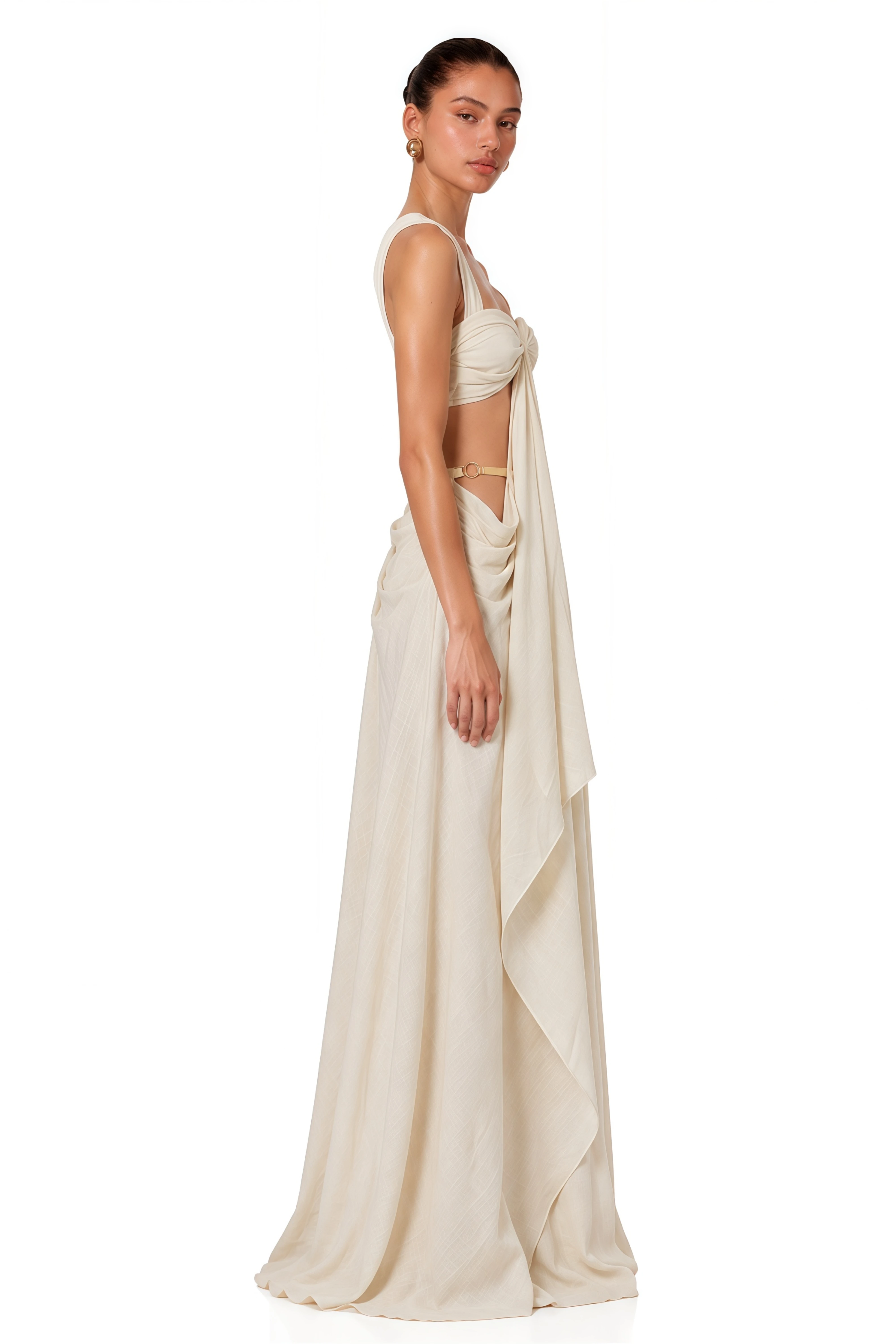 Martha Beige Cut-Out Draped Slit Maxi Dress