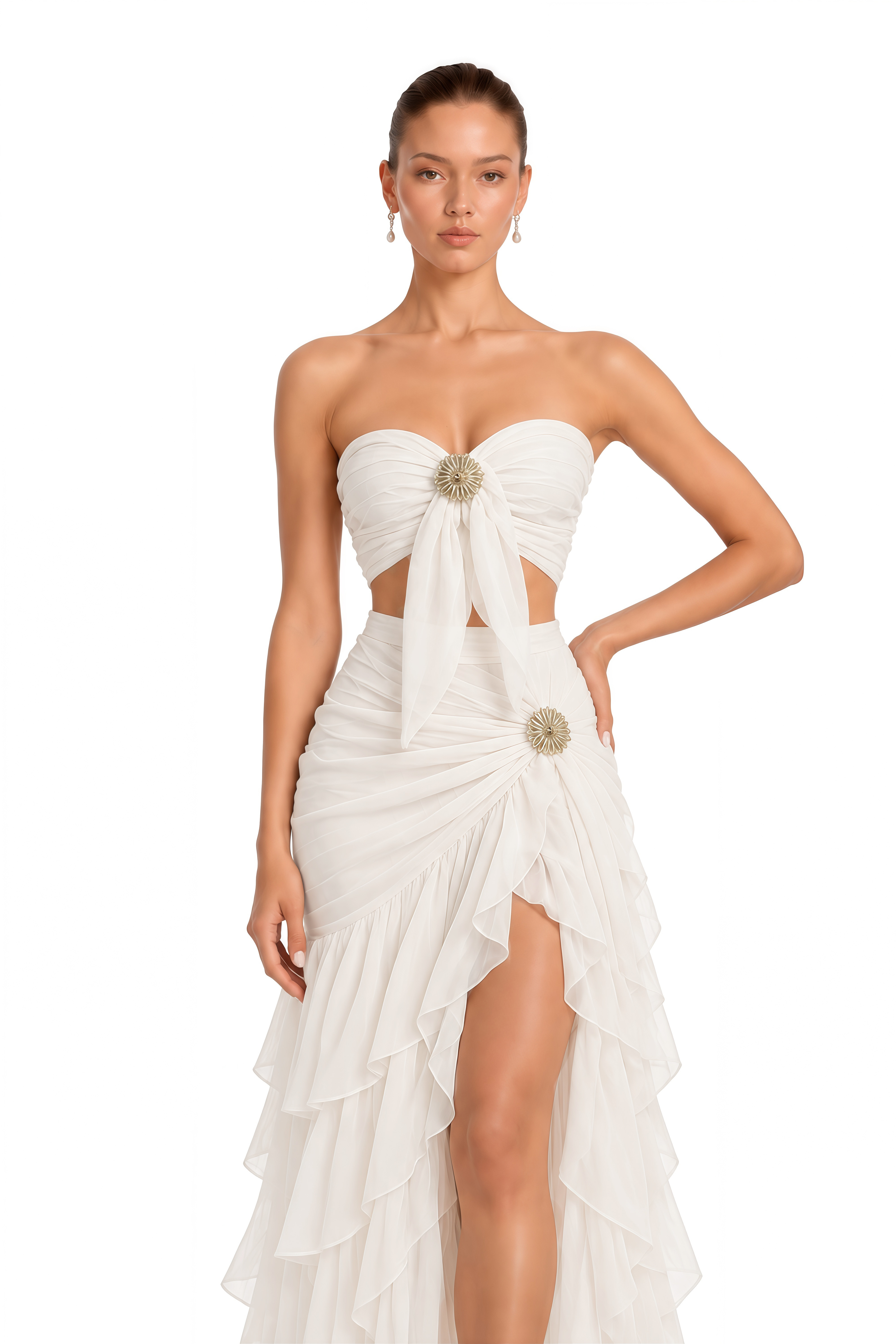 Martha Beige Strapless Ruched Top & Ruffled Maxi Skirt Set