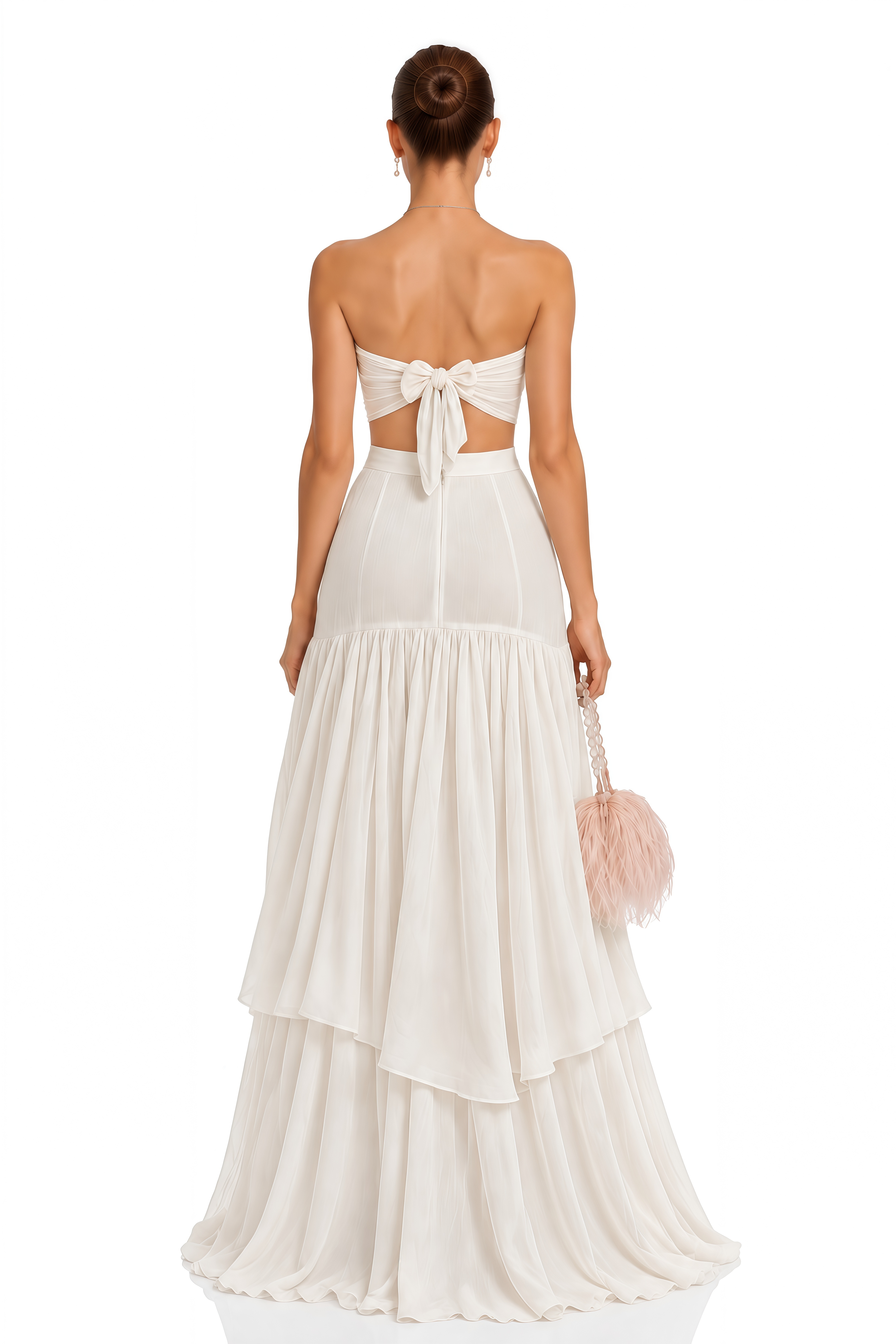 Martha Beige Strapless Ruched Top & Ruffled Maxi Skirt Set