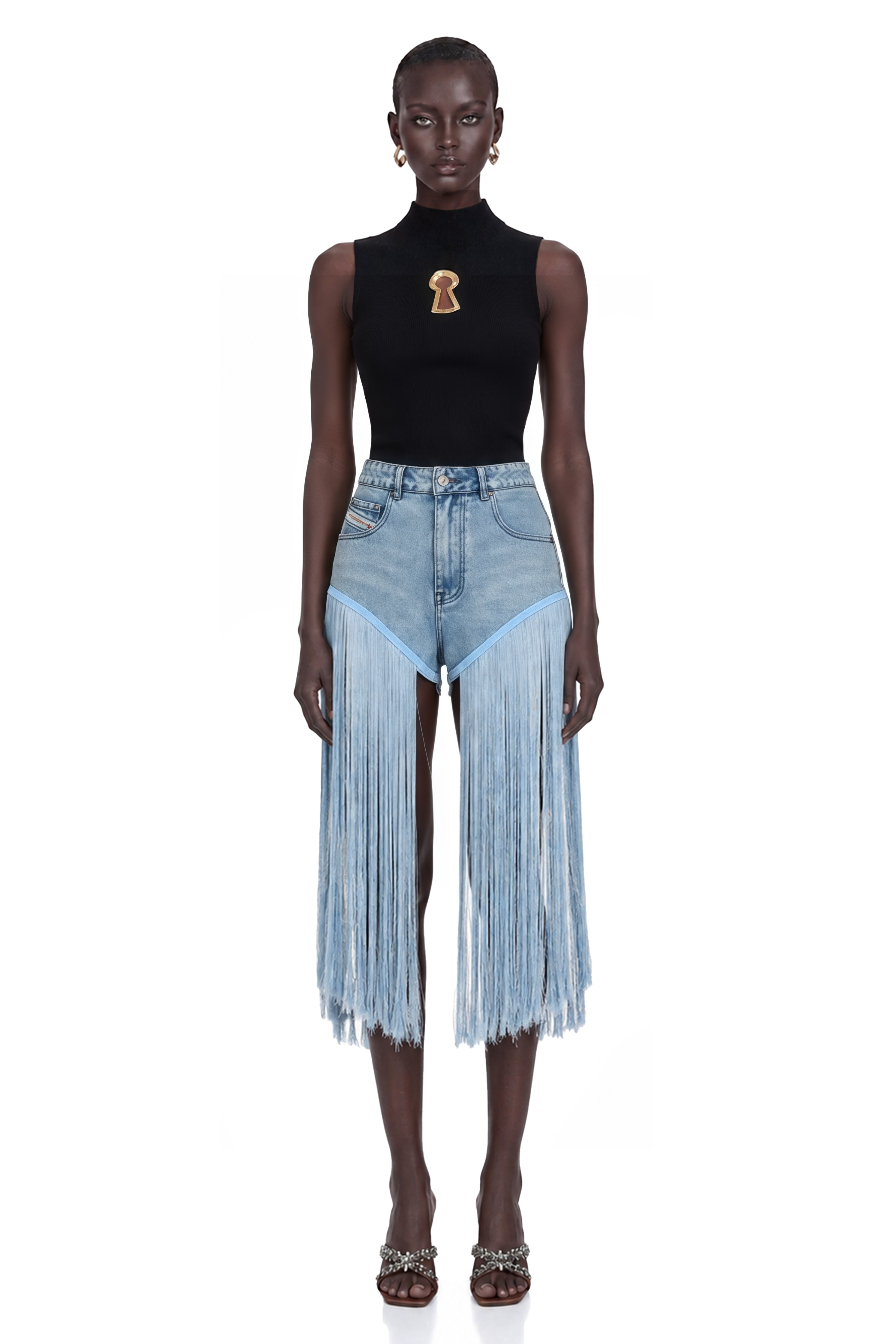 Martina Blue Fringed Panel Denim Shorts