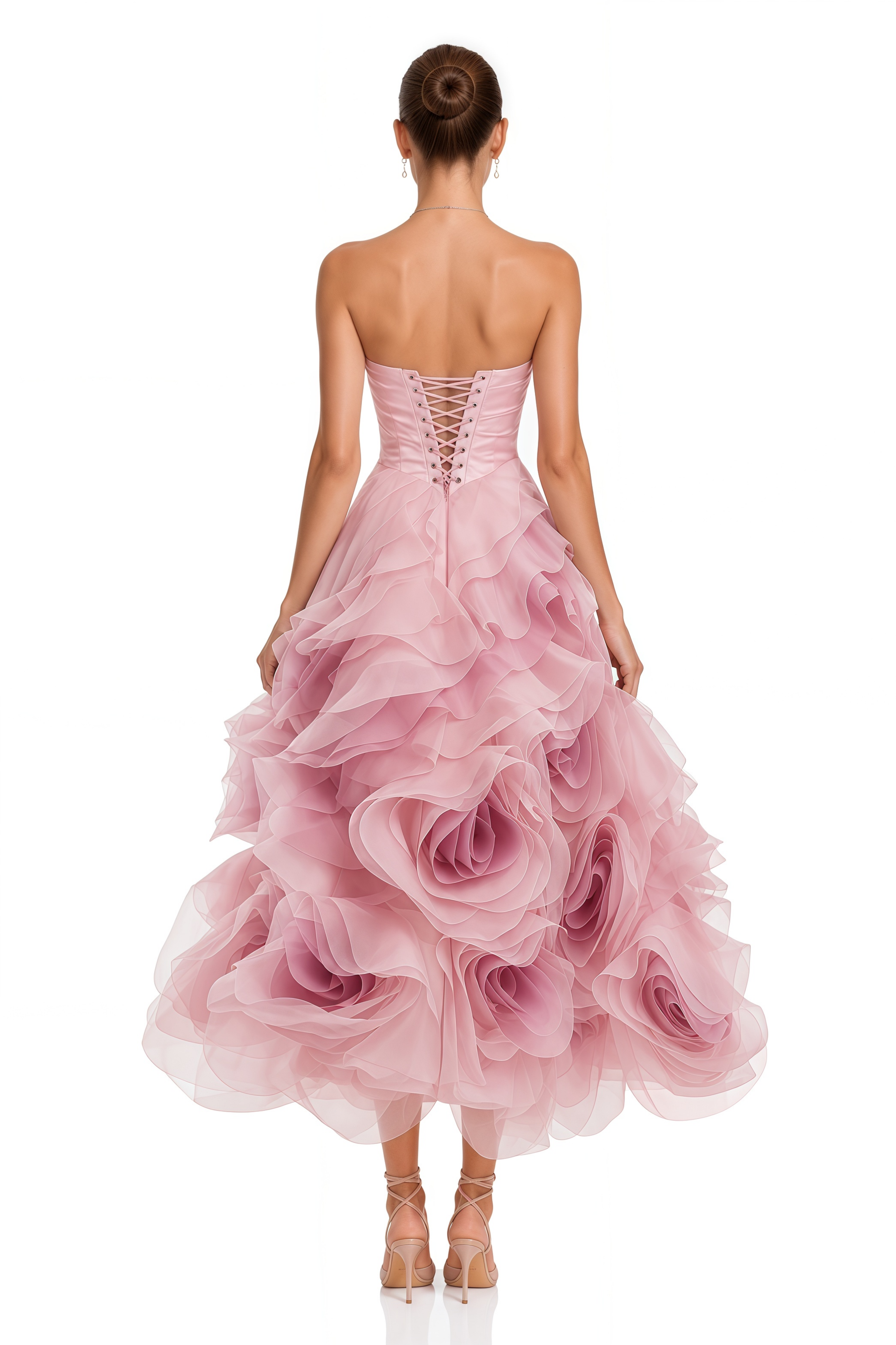 Marwa Pink 3D Floral Ruffled Tulle Midi Dress