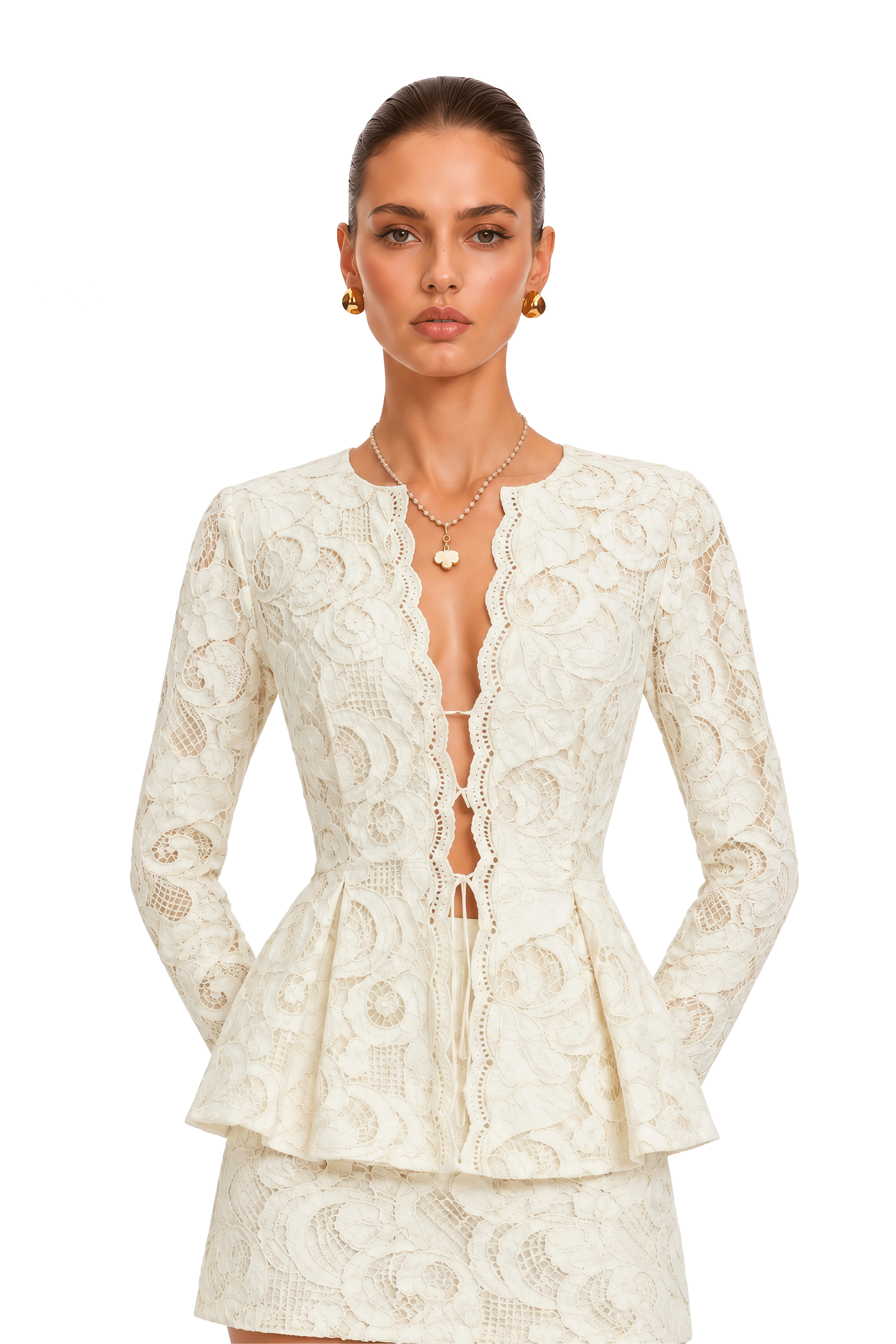 Marya Ivory Lace Peplum Top & Mini Skirt Set