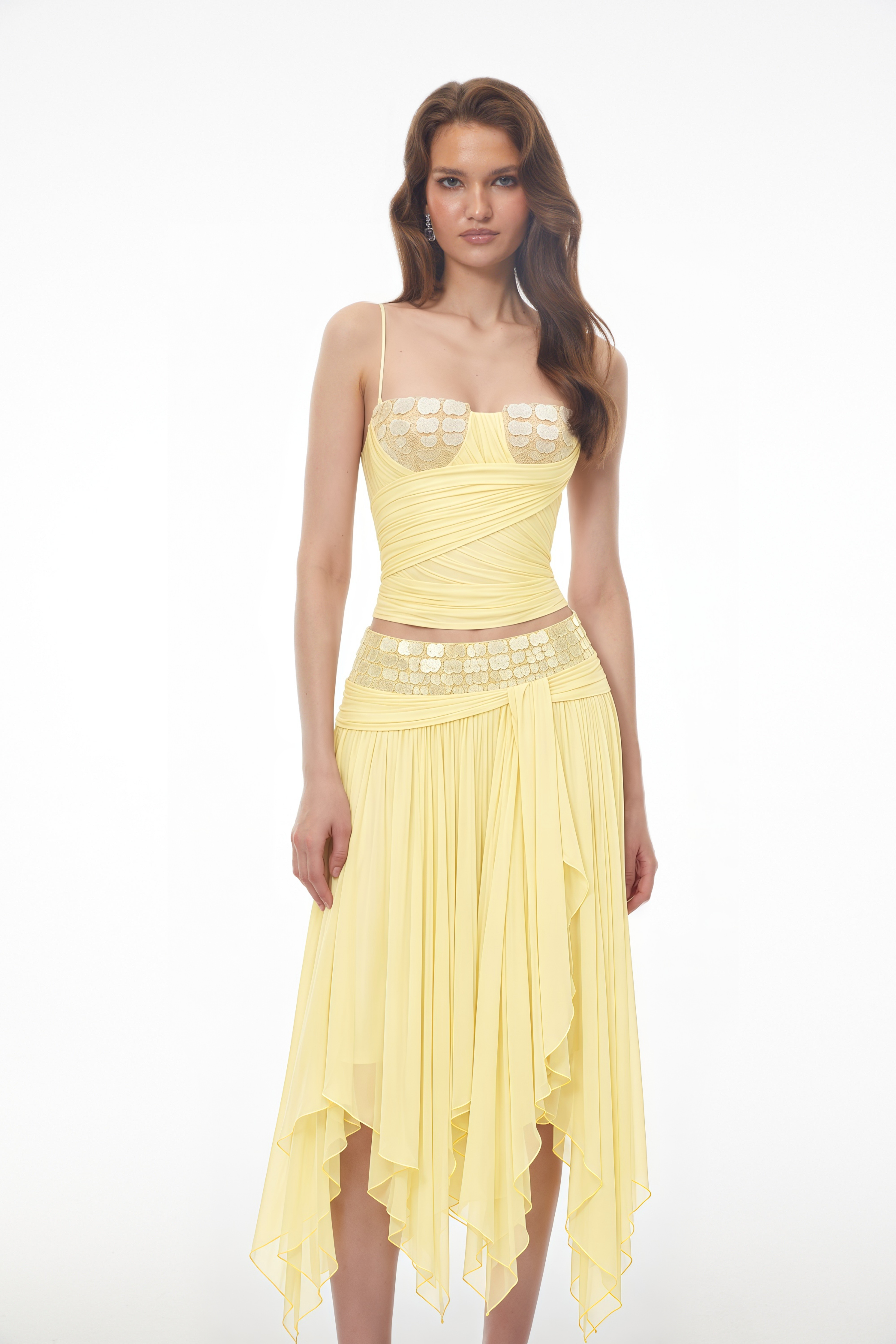 Maryam Yellow Sequin Top & Asymmetrical Skirt Set