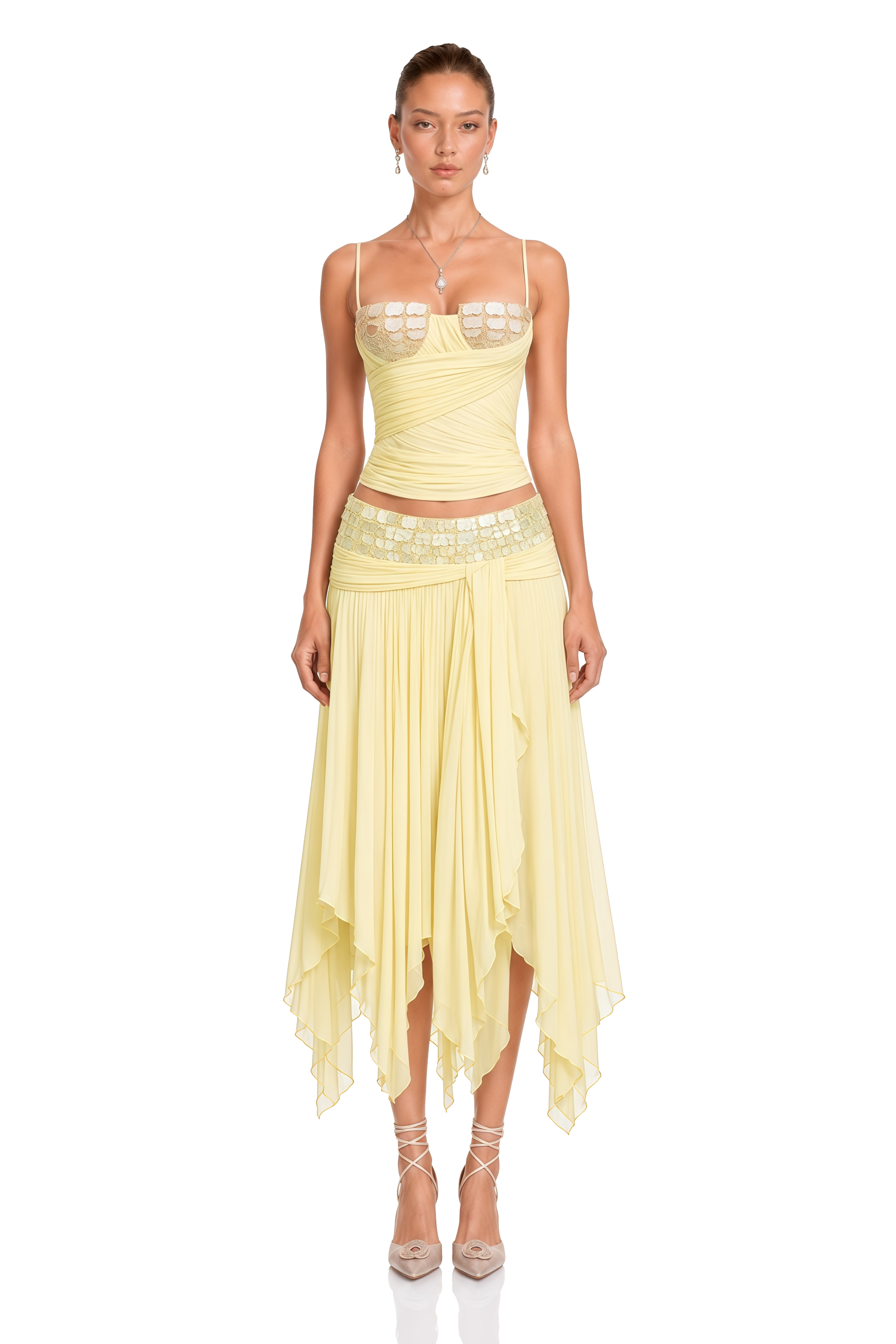 Maryam Yellow Sequin Top & Asymmetrical Skirt Set