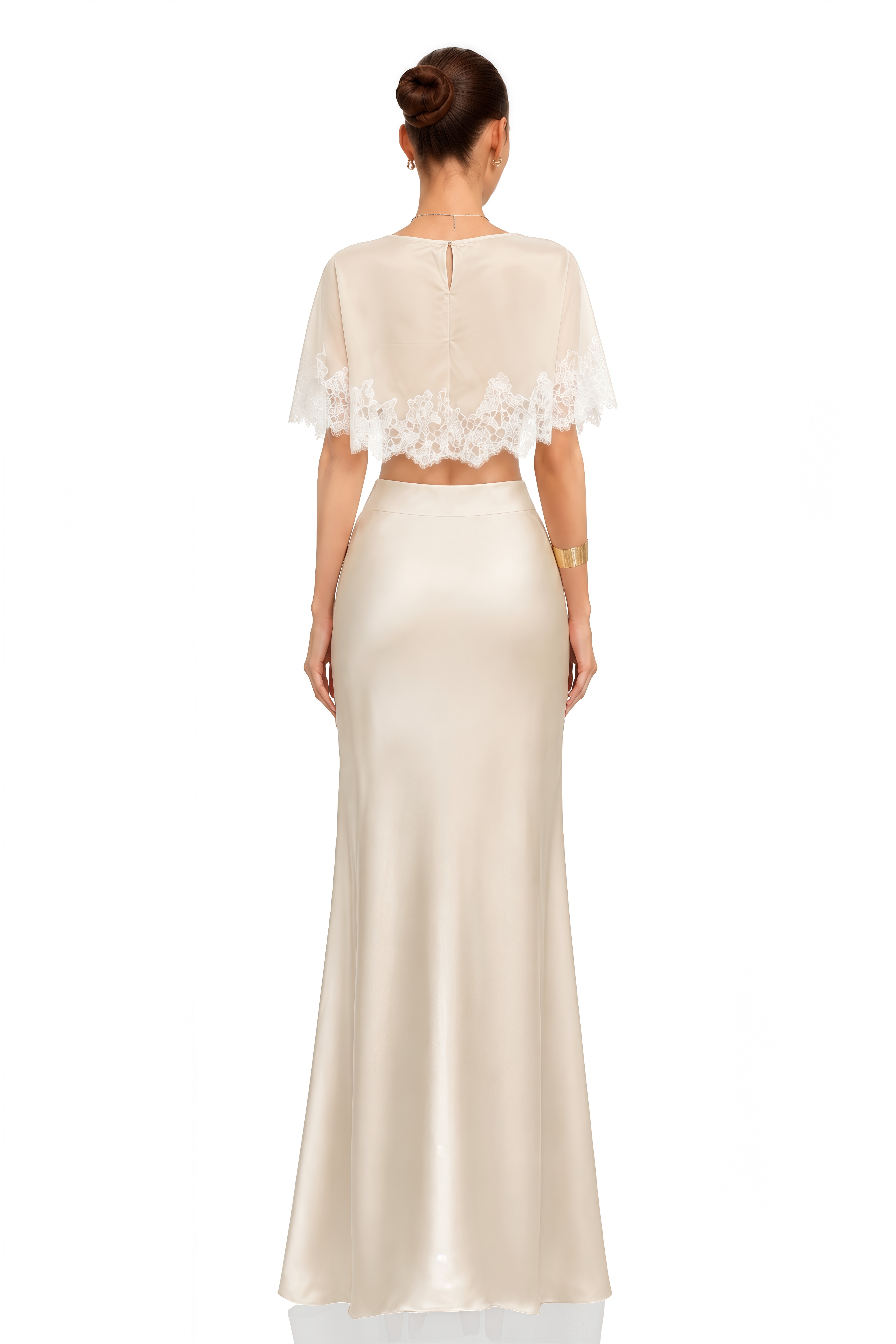 Matilda Champagne Lace Trim Satin Top & Maxi Skirt Set