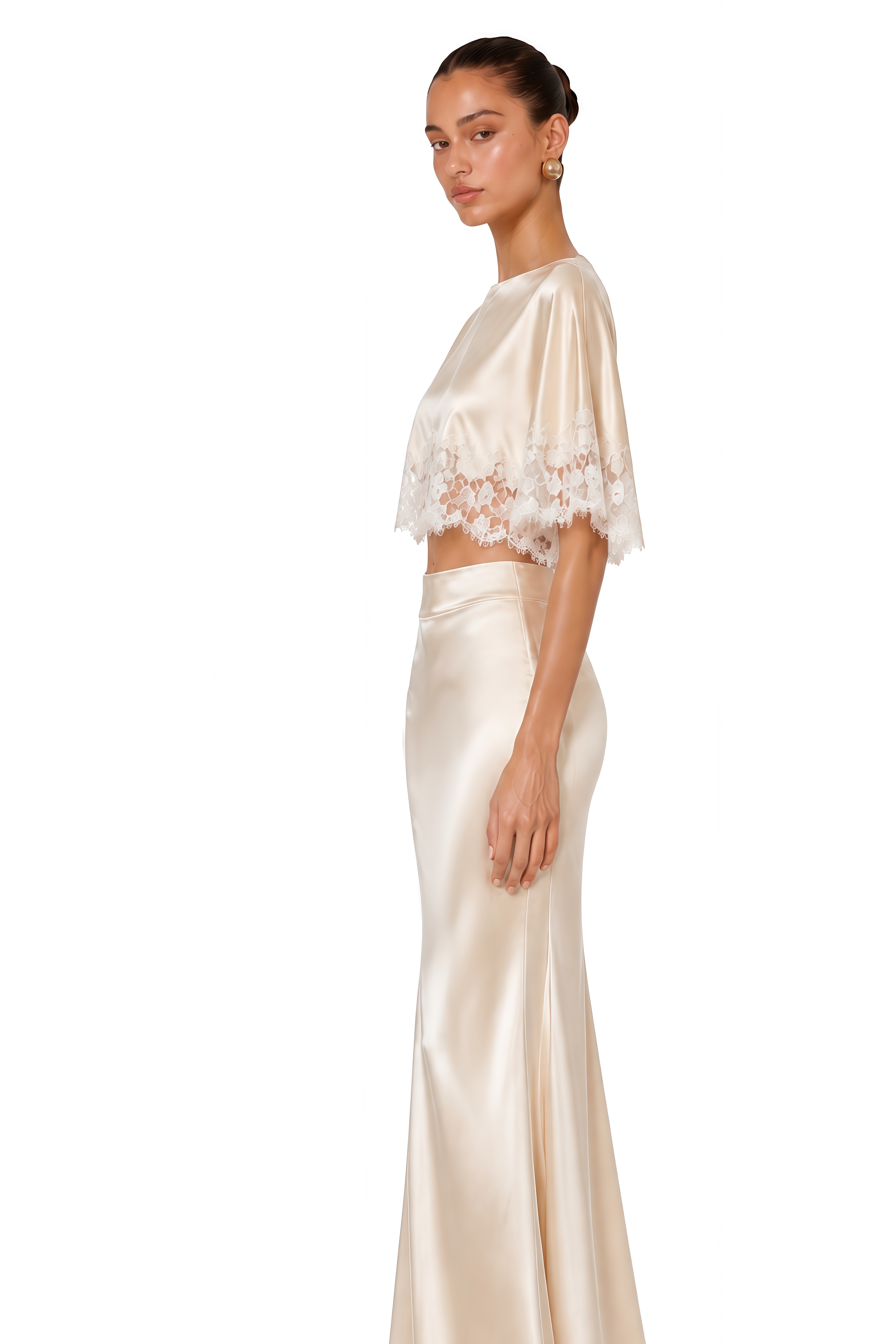 Matilda Champagne Lace Trim Satin Top & Maxi Skirt Set