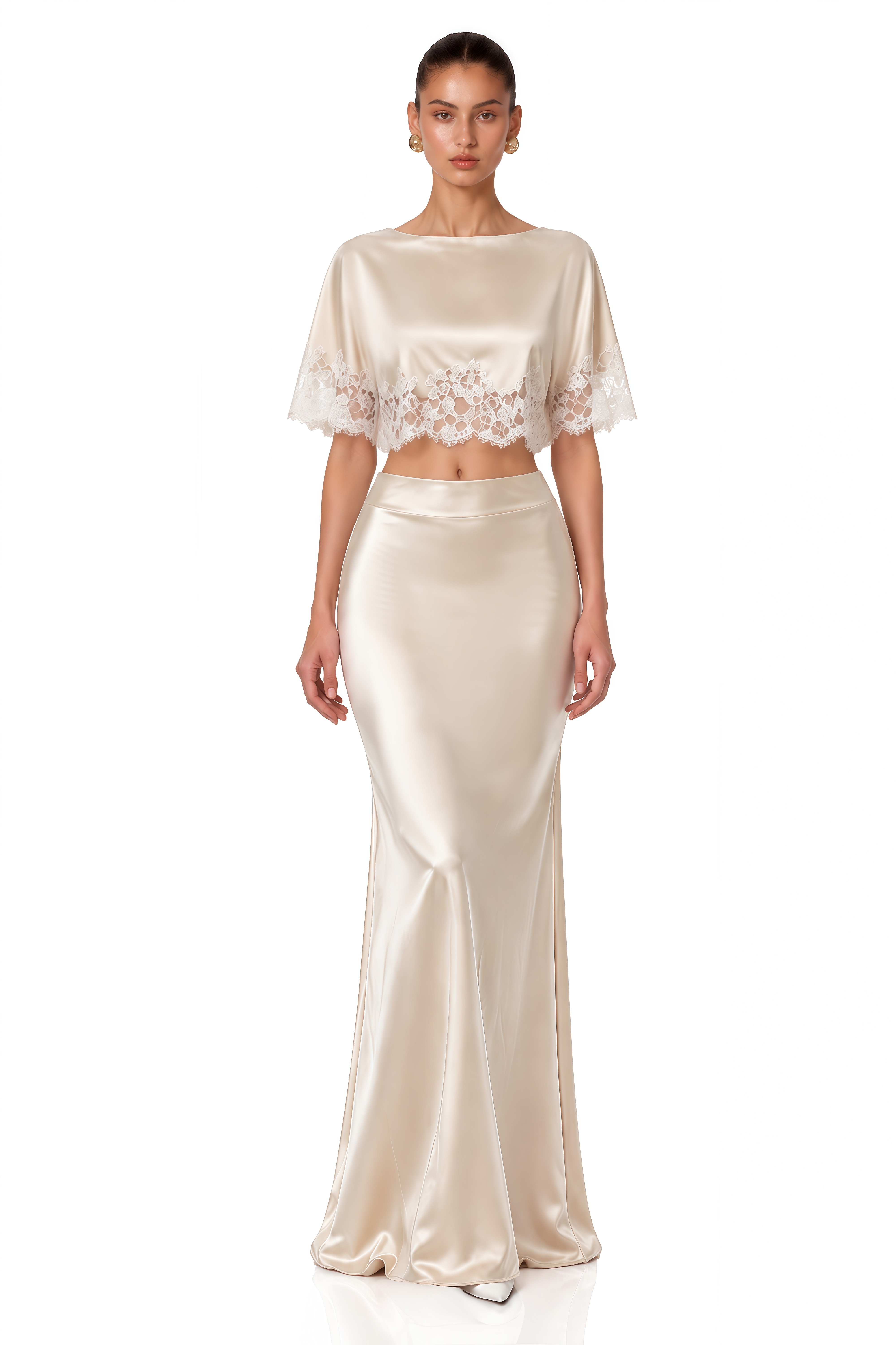 Matilda Champagne Lace Trim Satin Top & Maxi Skirt Set