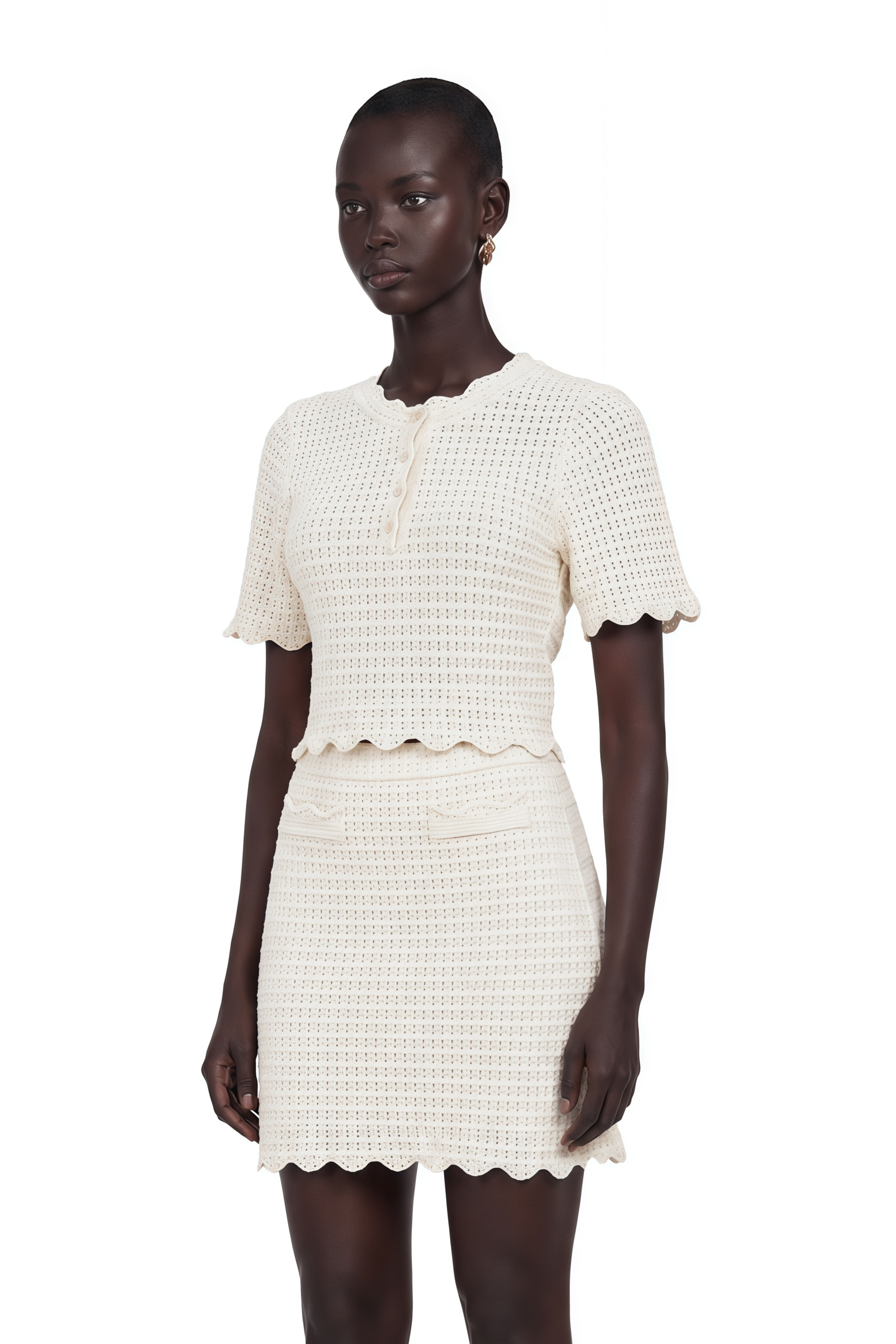 Maxanne cream-white ruffled pointelle-knit top & skirt matching set