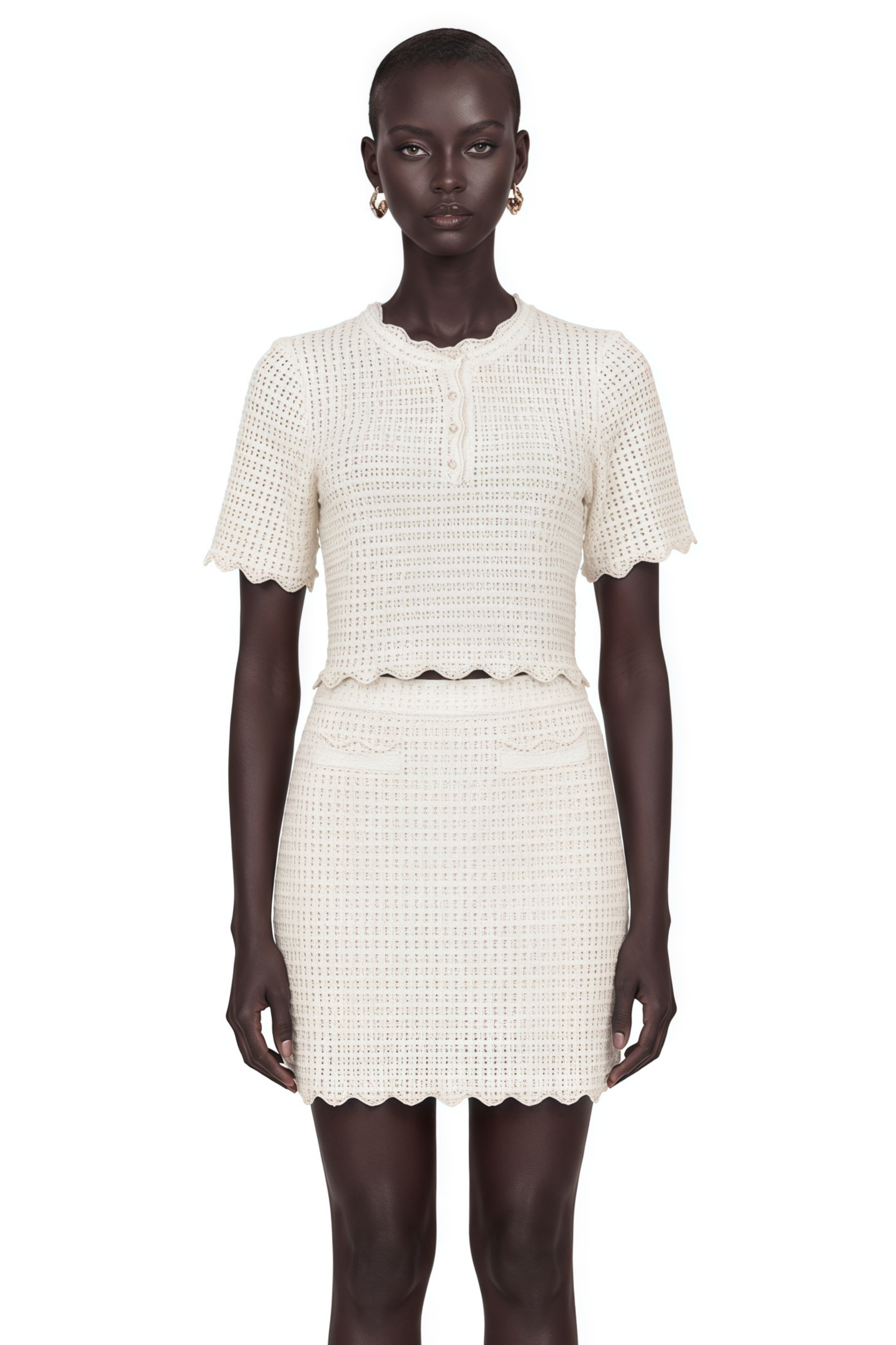 Maxanne cream-white ruffled pointelle-knit top & skirt matching set