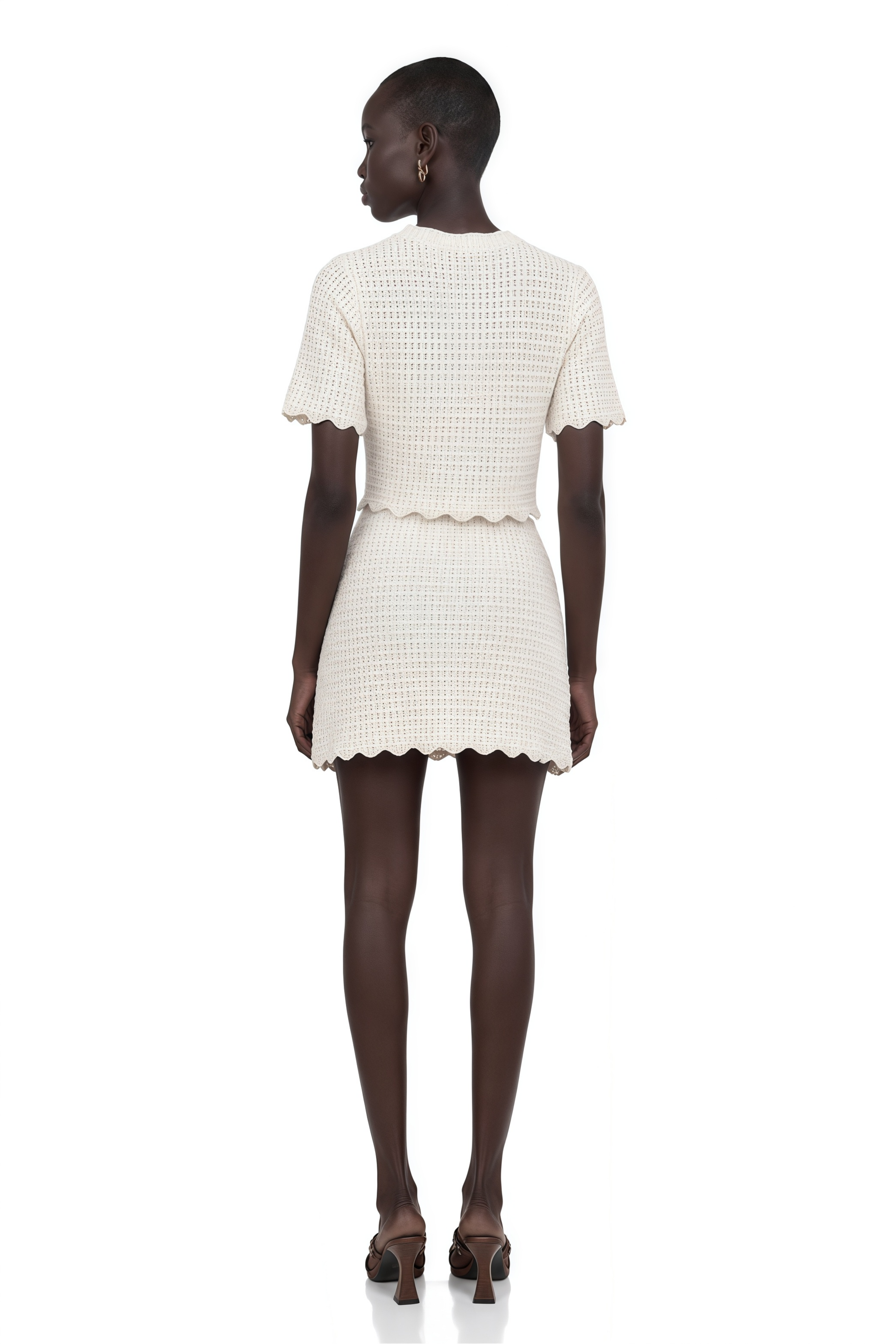 Maxanne cream-white ruffled pointelle-knit top & skirt matching set