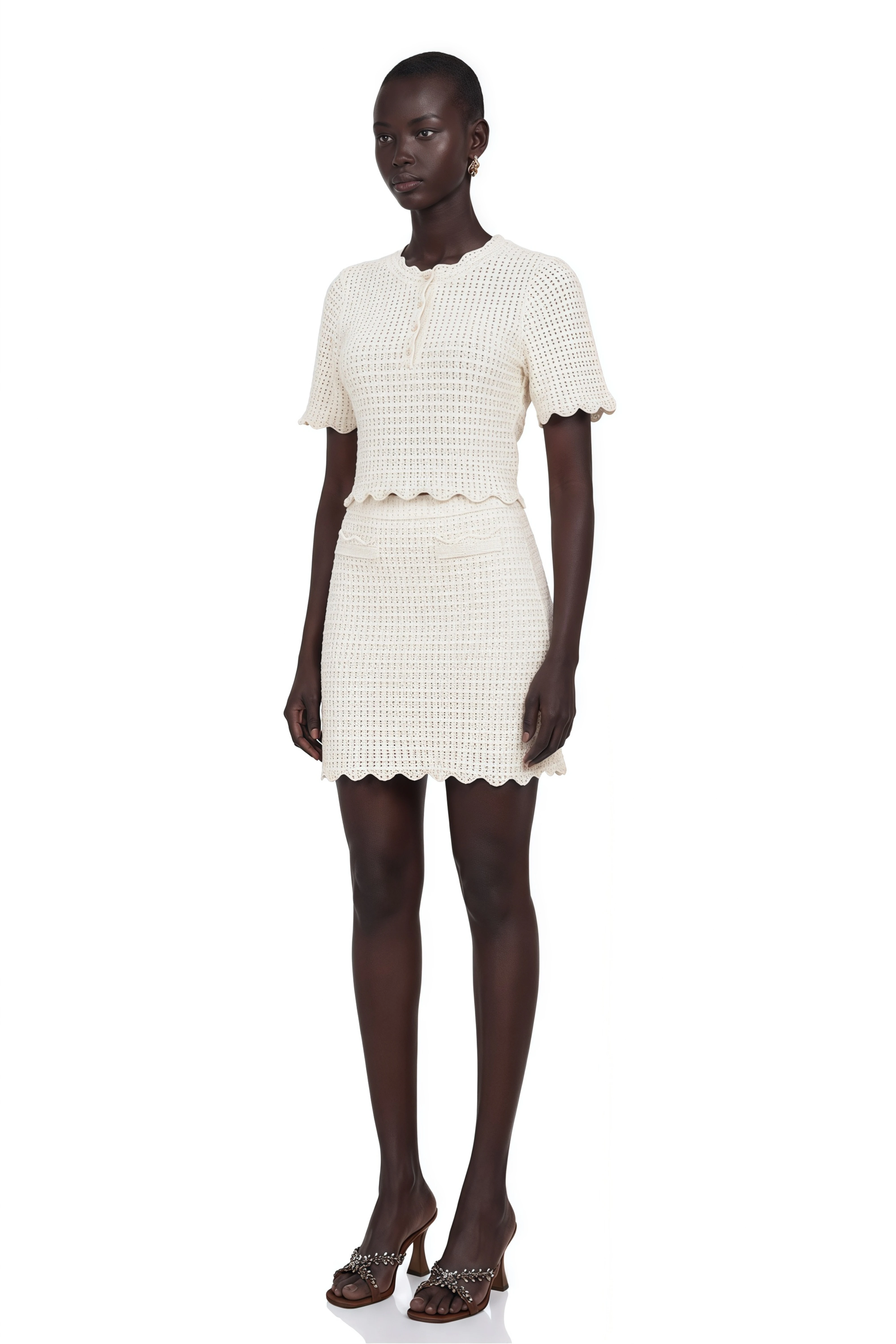 Maxanne cream-white ruffled pointelle-knit top & skirt matching set