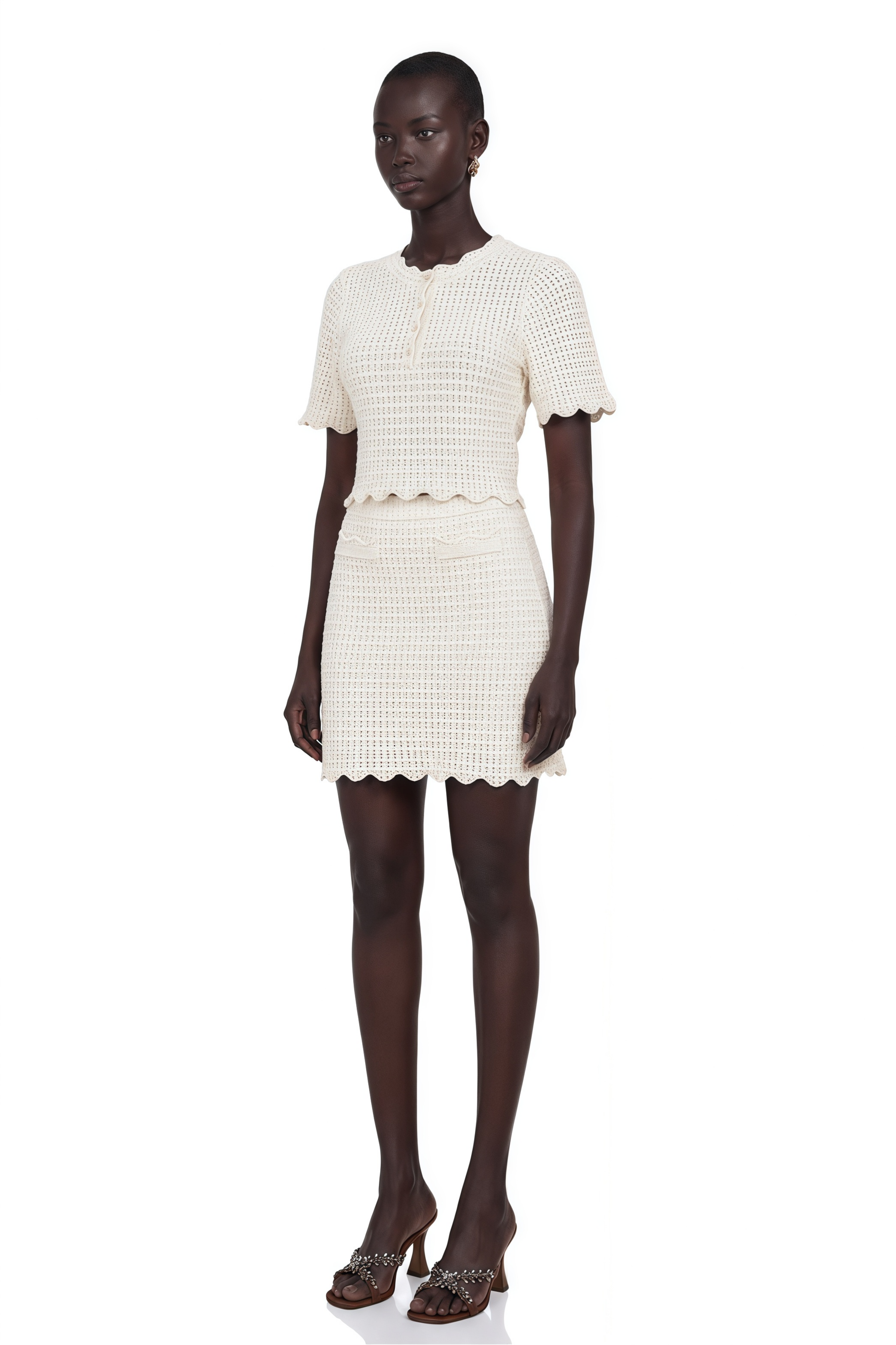 Maxanne cream-white ruffled pointelle-knit top & skirt matching set